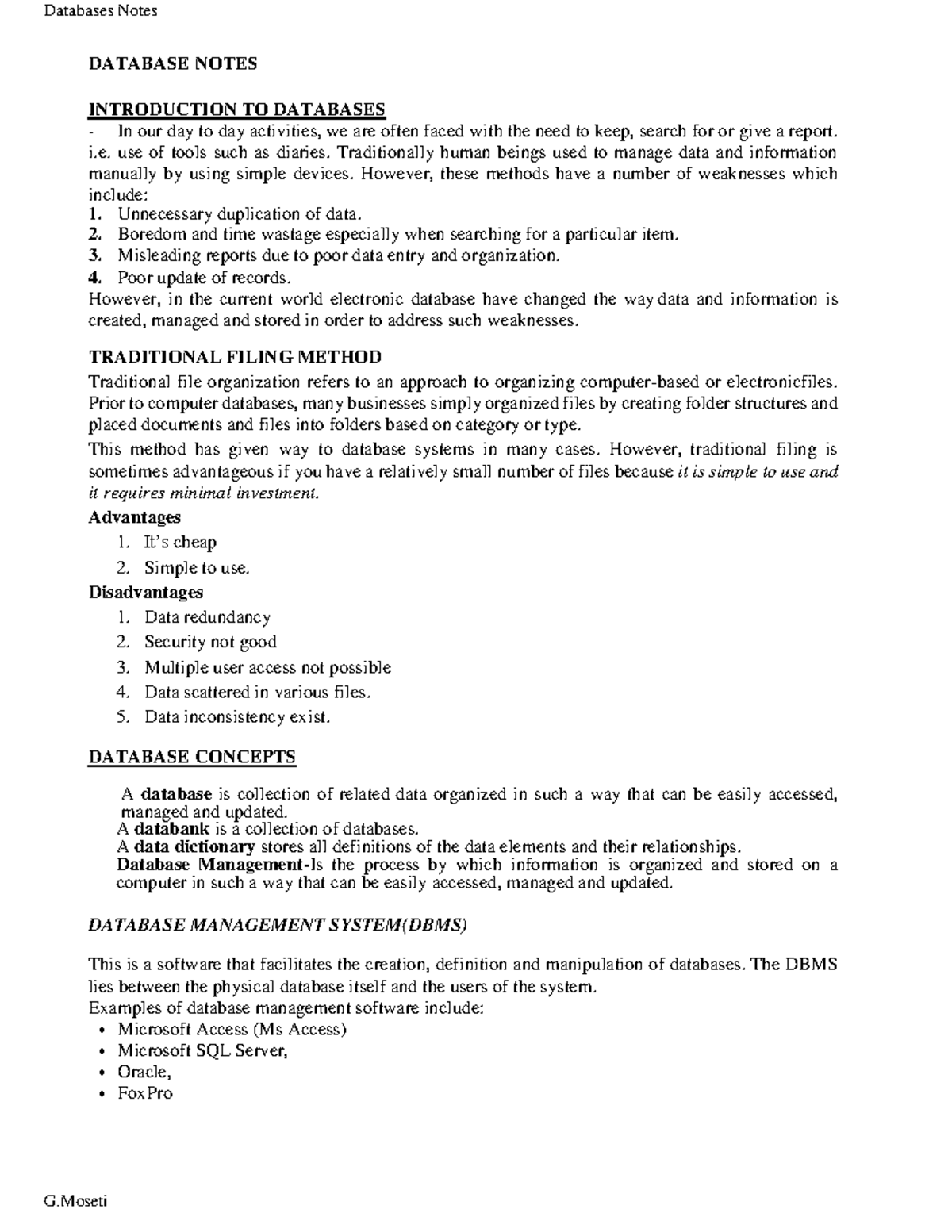 Database Notes updtd sep22 - DATABASE NOTES INTRODUCTION TO DATABASES ...