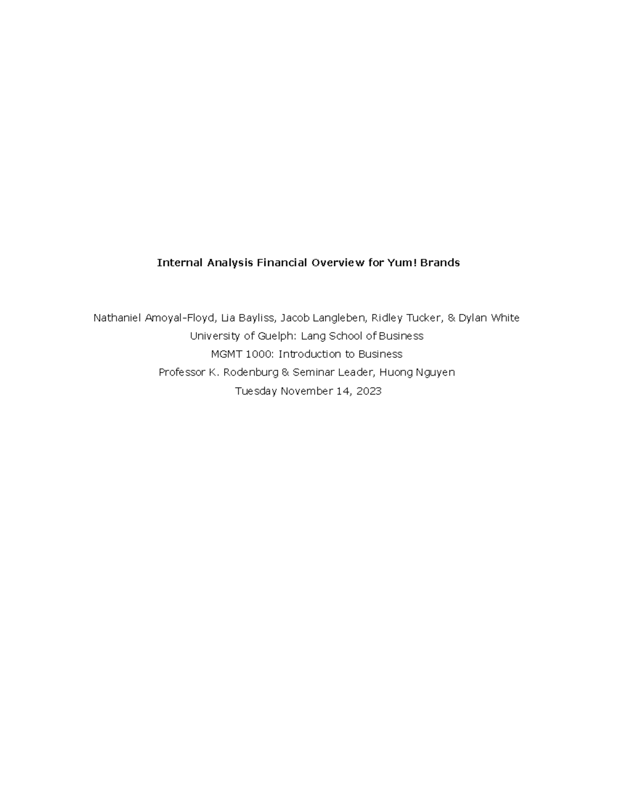 Component 4 notes Internal Analysis Financial Overview for Yum