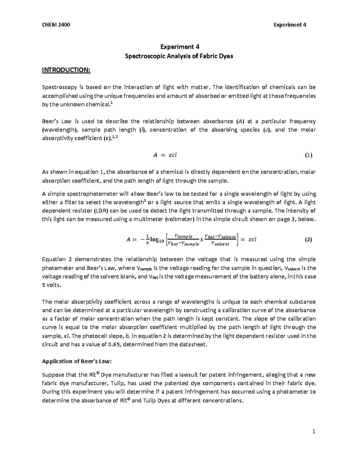 Spectroscopic Analysis of Fabric Dyes Experiment 4 Spectroscopic