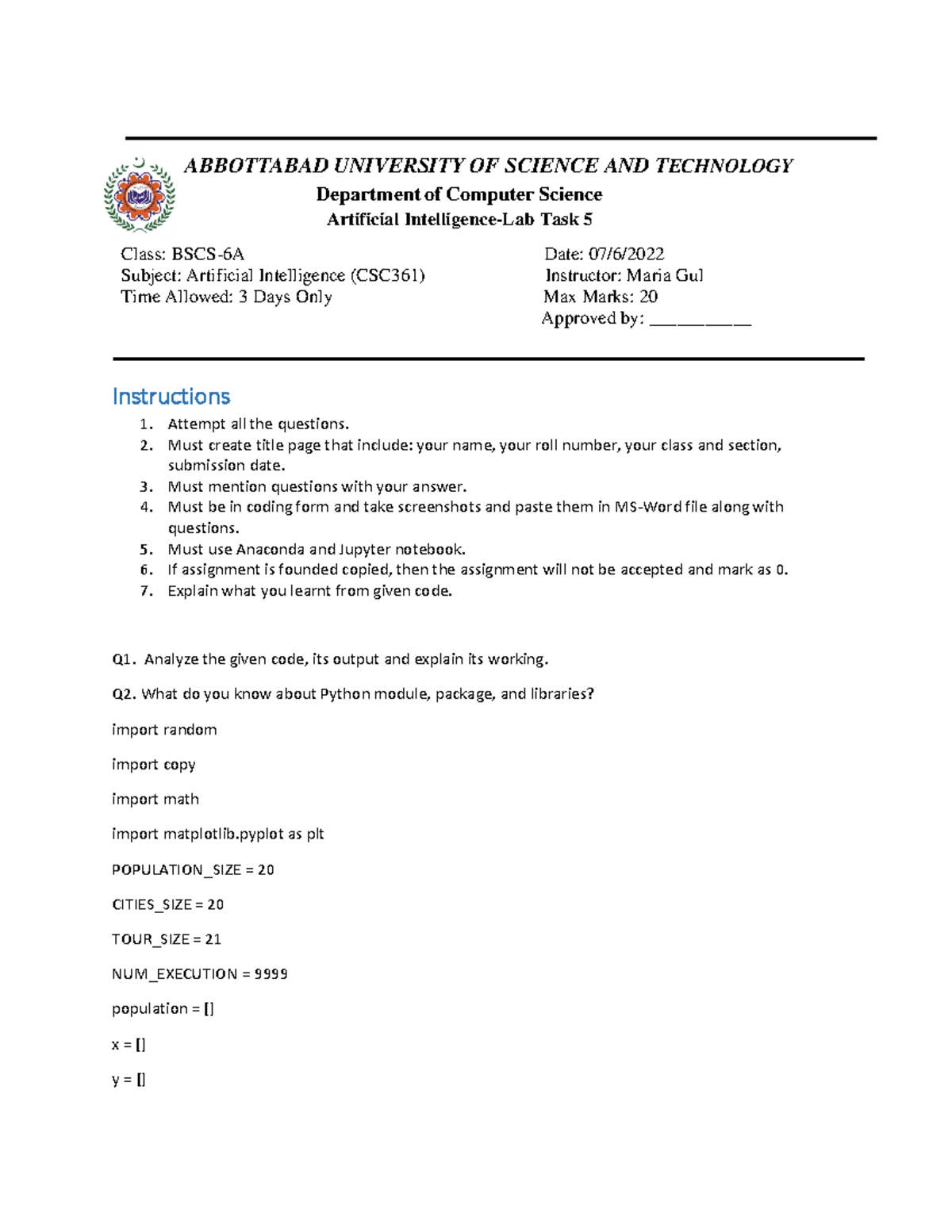 Lab Task 5 - Lab task about artificial intelligence - ABBOTTABAD ...
