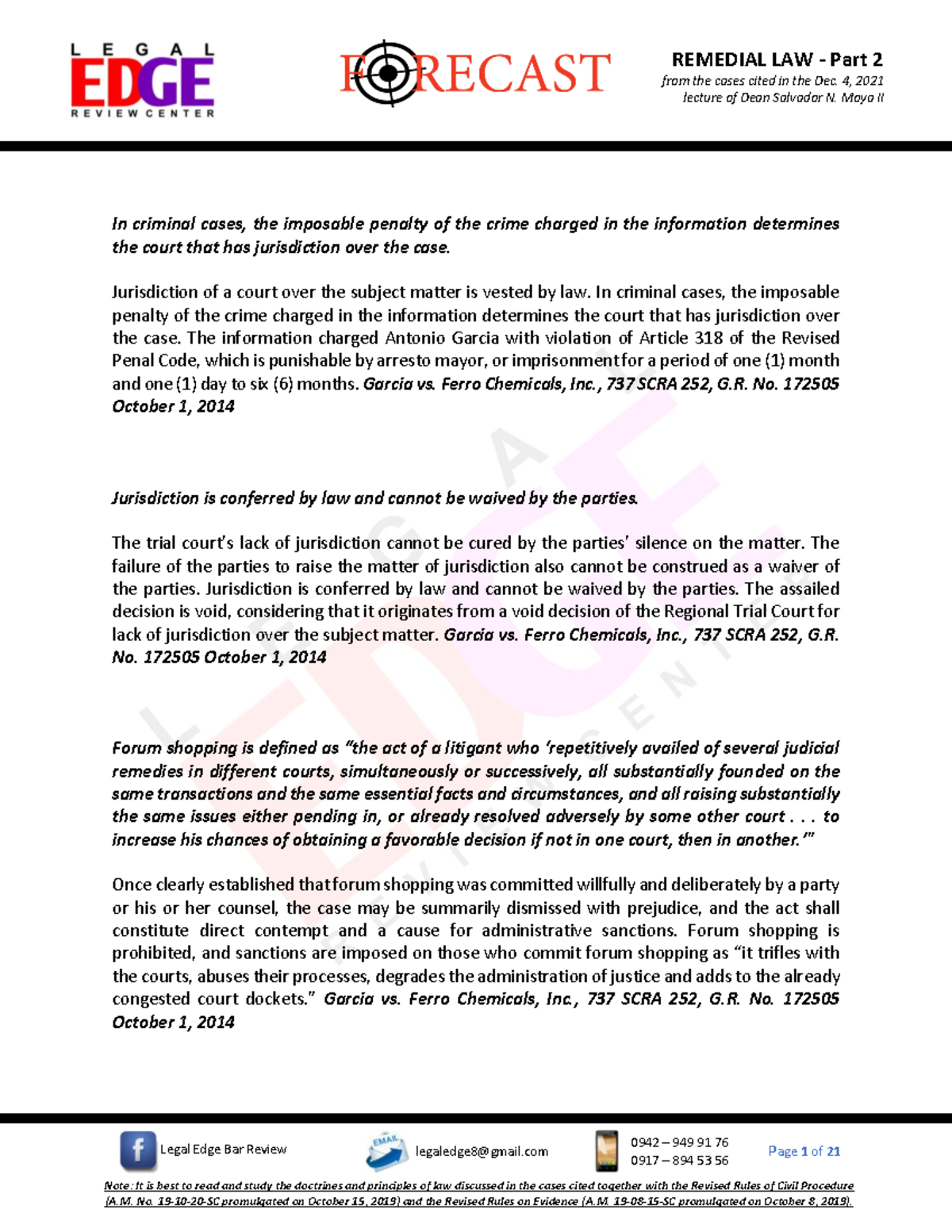 2021 Forecast - Remedial Law (Part 2) - Note: It is best to read and ...