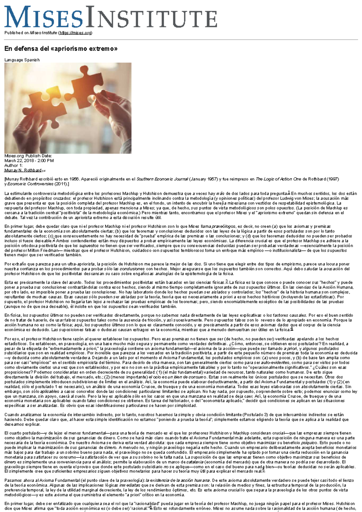 Rothbard, Murray N., En defensa del “apriorismo extremo - Published on ...