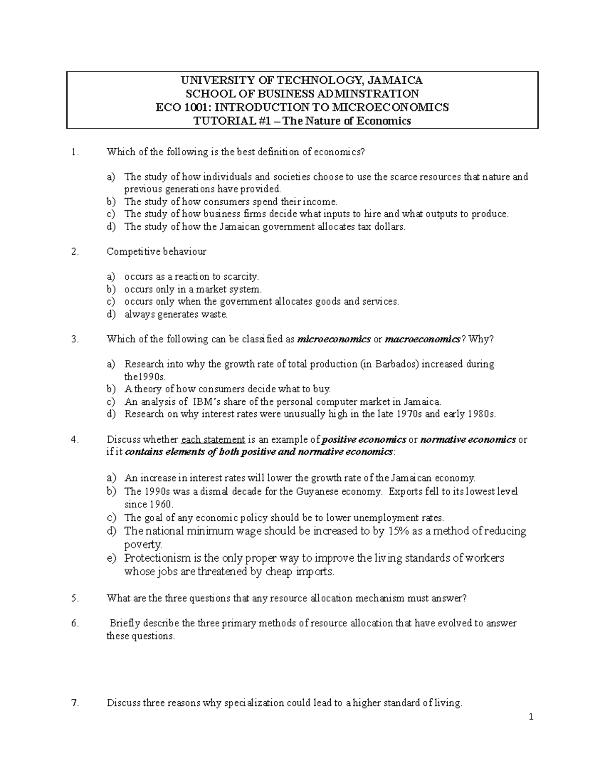Tutorial Sheet - Its a practice paper - UNIVERSITY OF TECHNOLOGY ...