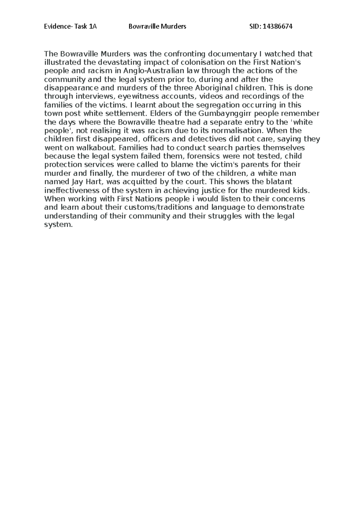 Evidence Task 1A - homework - Evidence- Task 1A Bowraville Murders SID ...