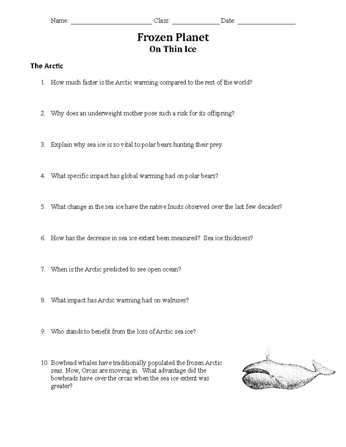 Frozen Planet - Episode 7 - On Thin Ice - Video Response Worksheet and Key  - Amped Up Learning