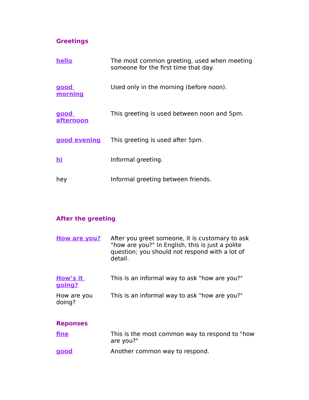 Greetings - .... - Greetings hello The most common greeting, used when ...