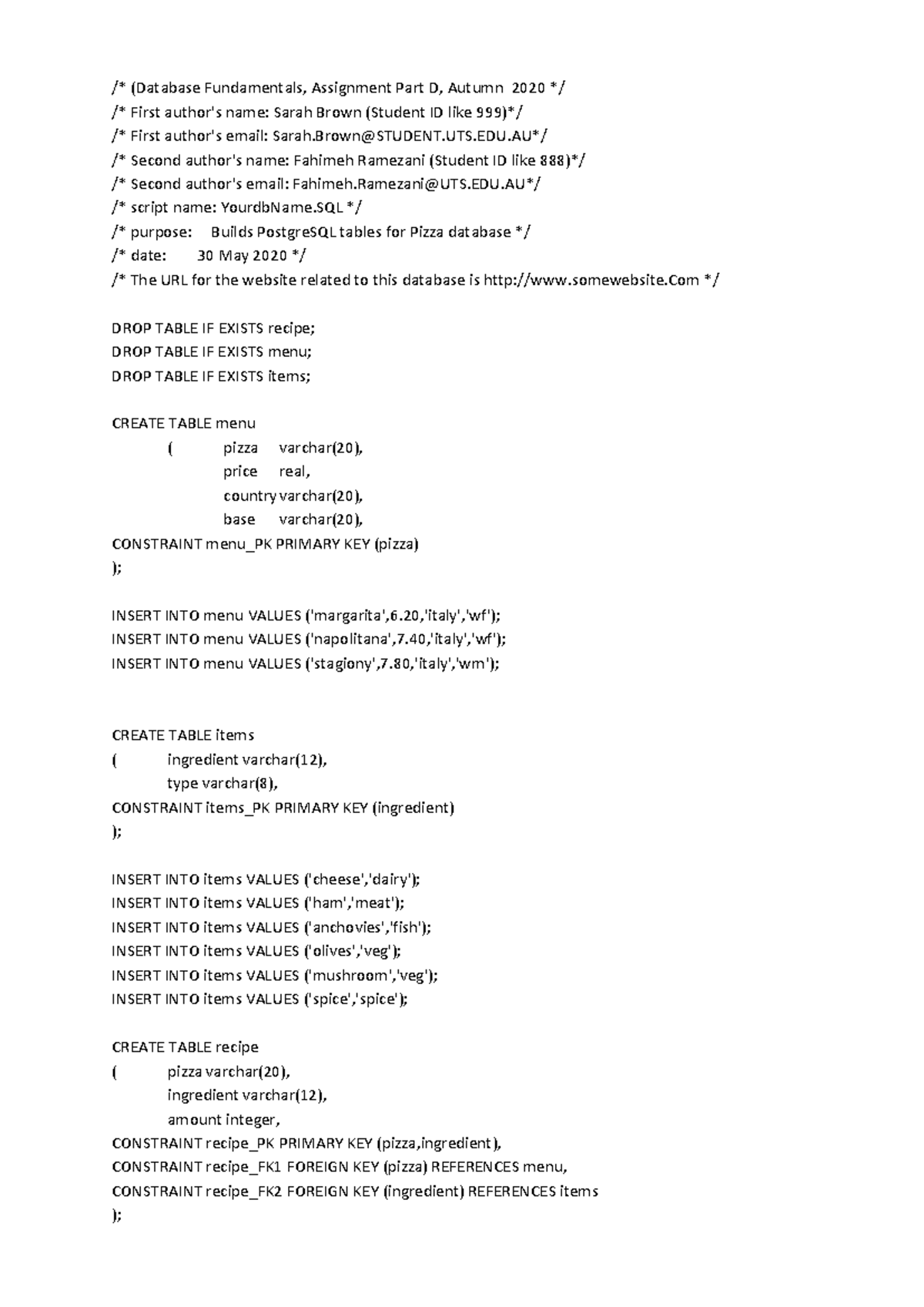 New-dbpizza-Revised - /* (Database Fundamentals, Assignment Part D ...
