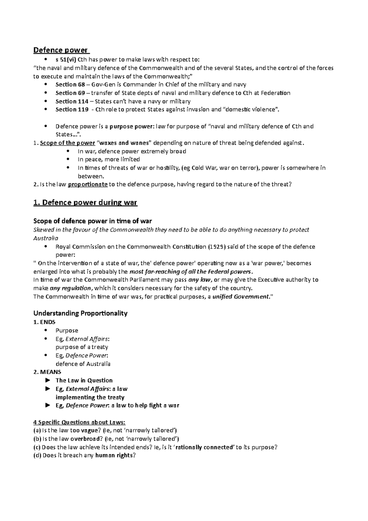 Lecture 2a - Defence Powers - Defence power s 51(vi) Cth has power to ...