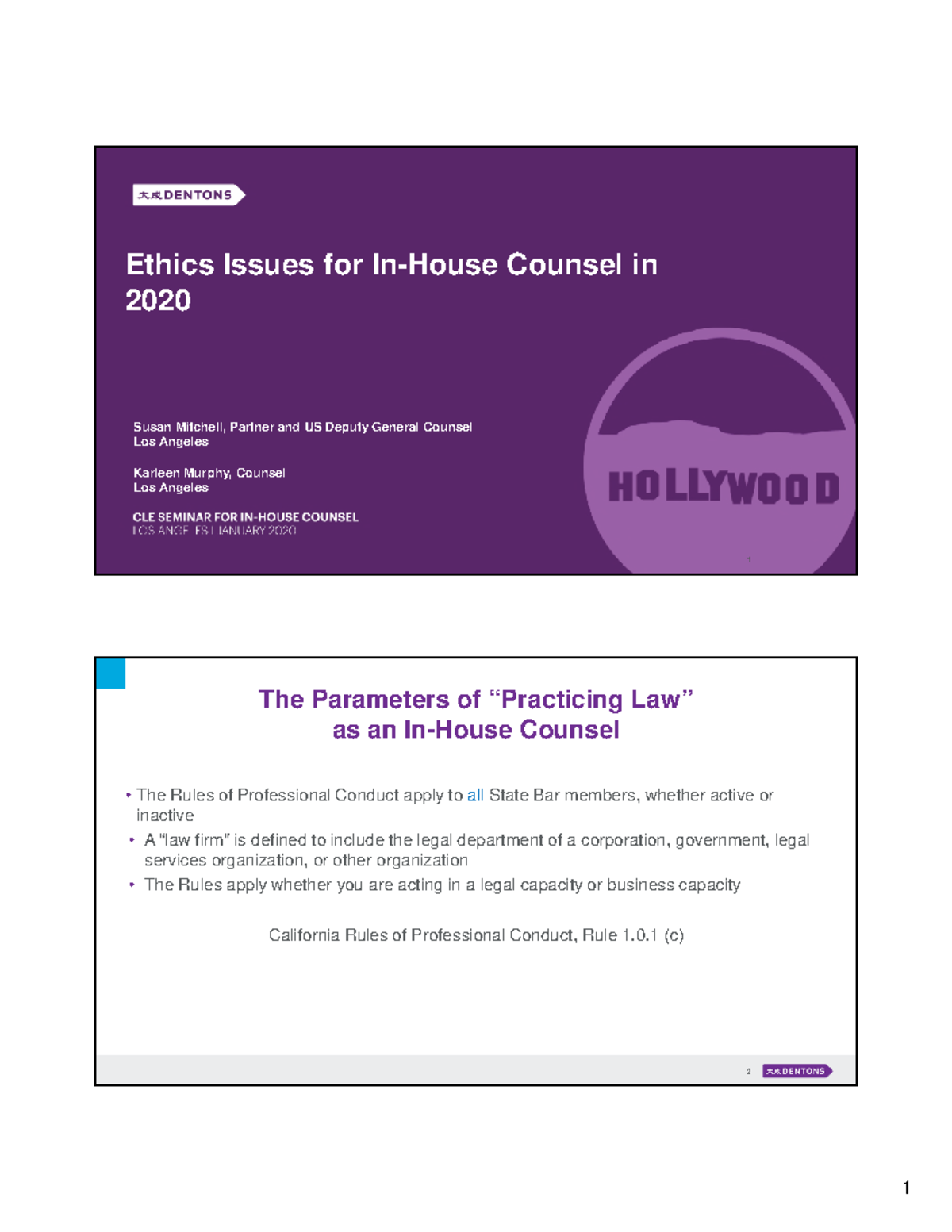 1 Ethics Issues for In House Counsel 2020 LA Ethics Issues for InHouse Counsel in 2020 1