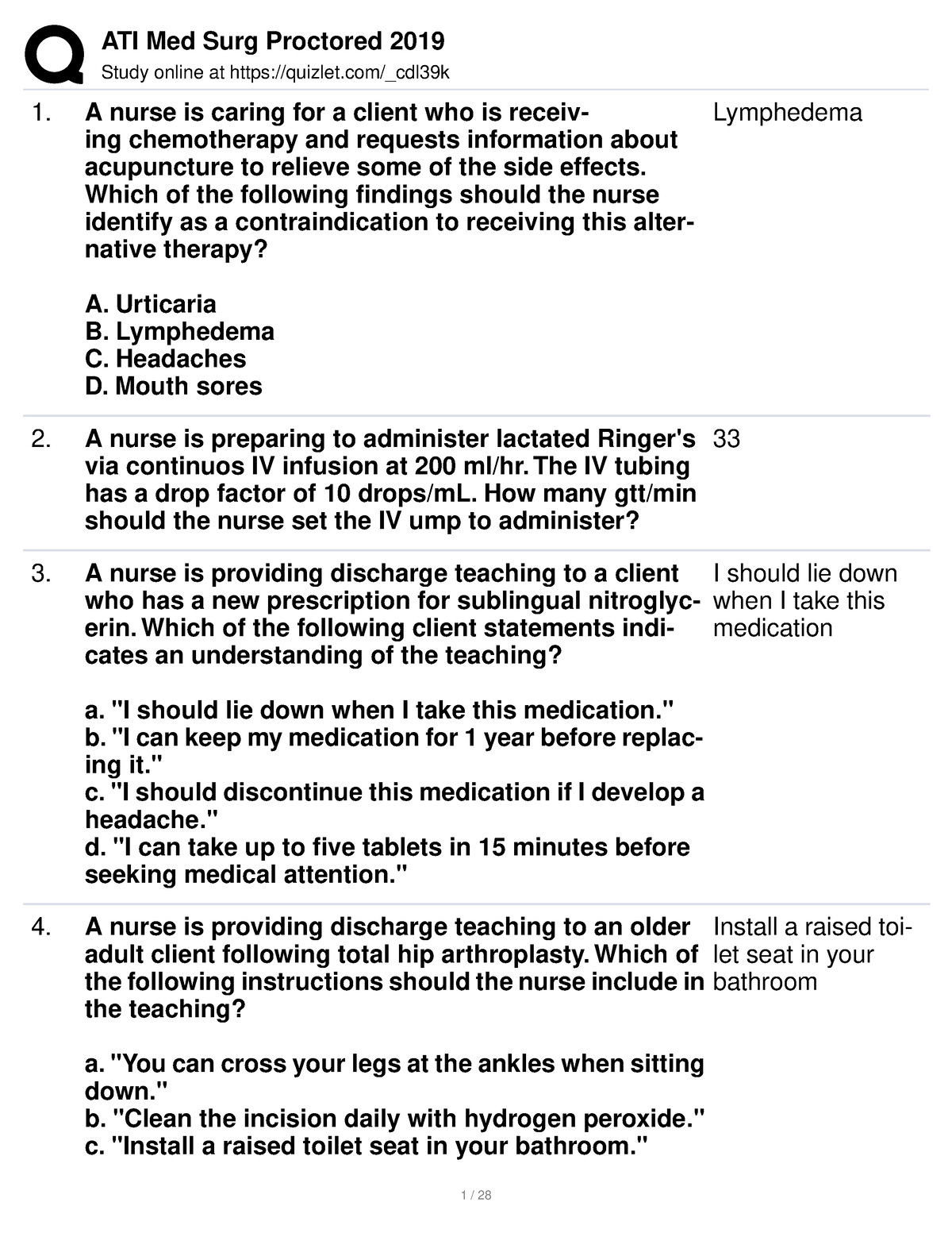 MED SURG 2019 Quizlet - NR-226 - Chamberlain University - Studocu