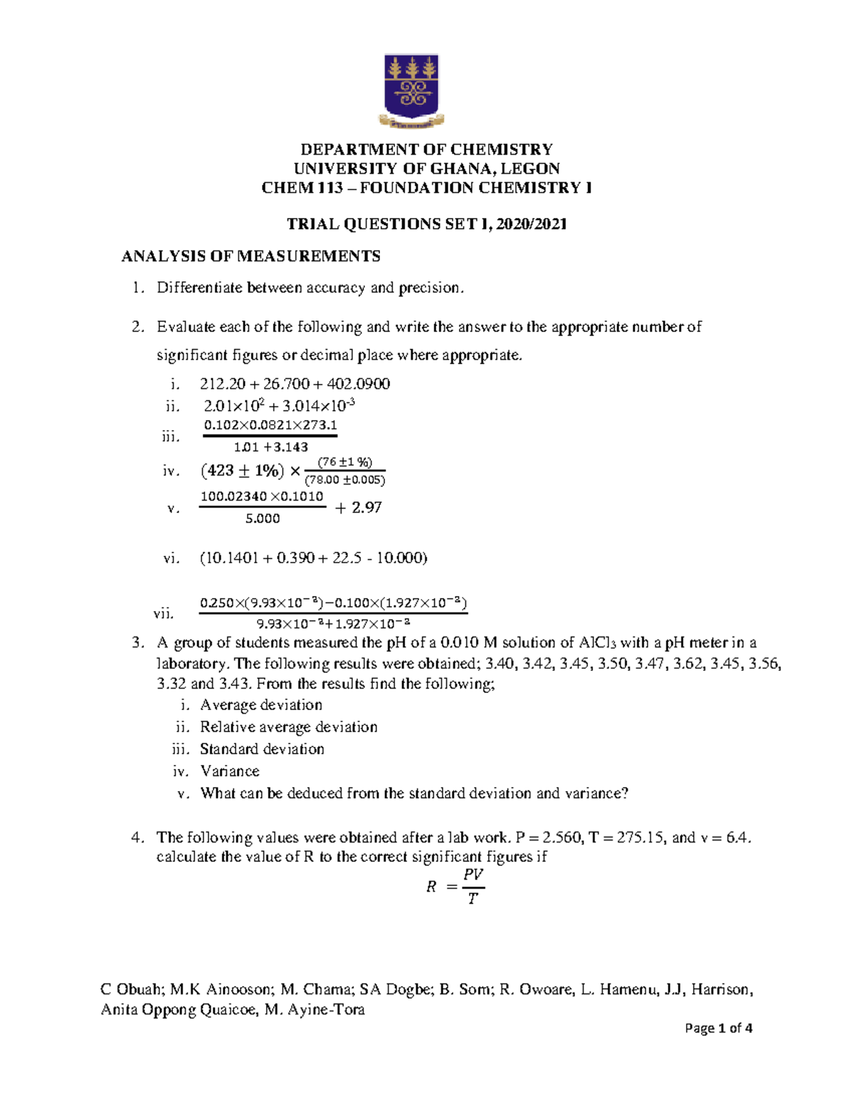 CHEM+113+Trial+Questions+2020-2021 - C Obuah; M Ainooson; M. Chama; SA ...