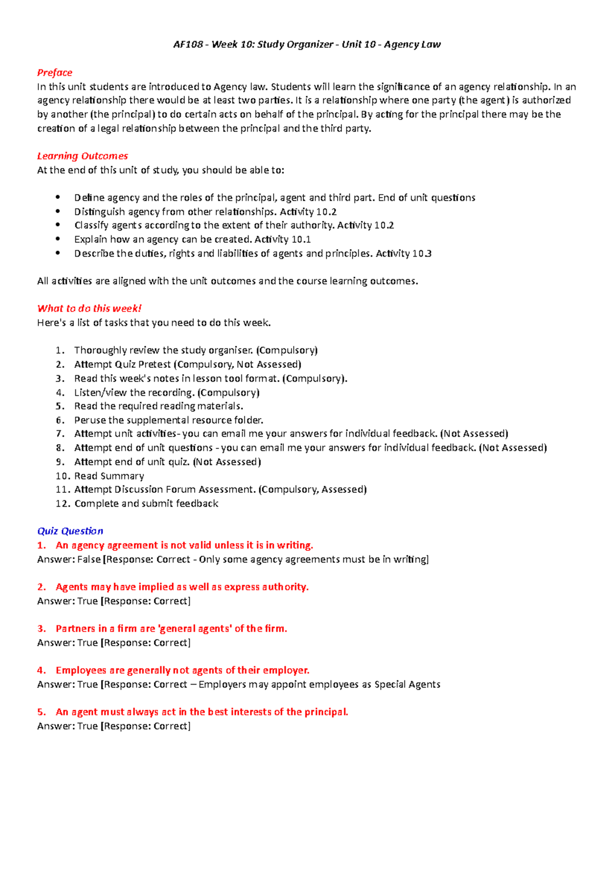 AF108 Week 10 Study Organizer AF108 Week 10 Study Organizer Unit 10 Agency Law Preface
