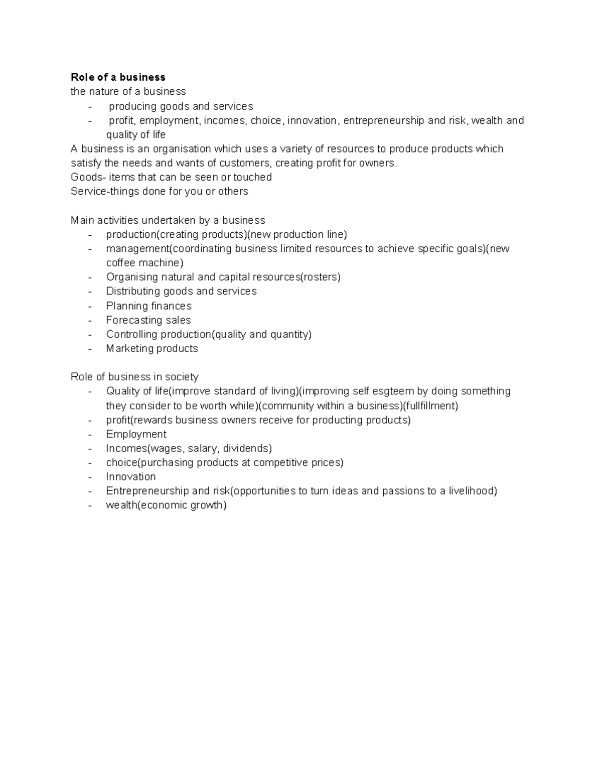 Bus notes - role of business - Role of a business the nature of a ...