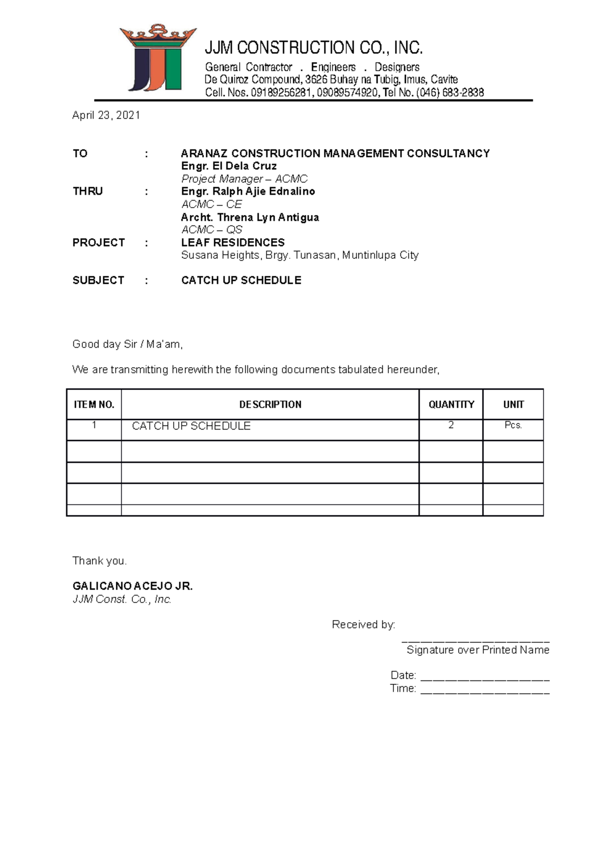 Transmittal It s here April 23 2021 TO ARANAZ CONSTRUCTION