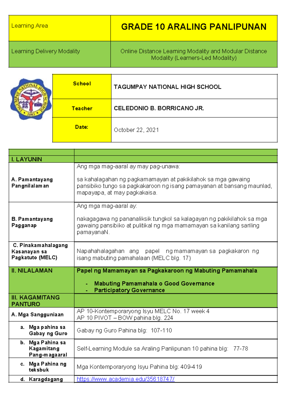 AP 10 - Mabuting Pamamahala - Learning Area GRADE 10 ARALING PANLIPUNAN ...