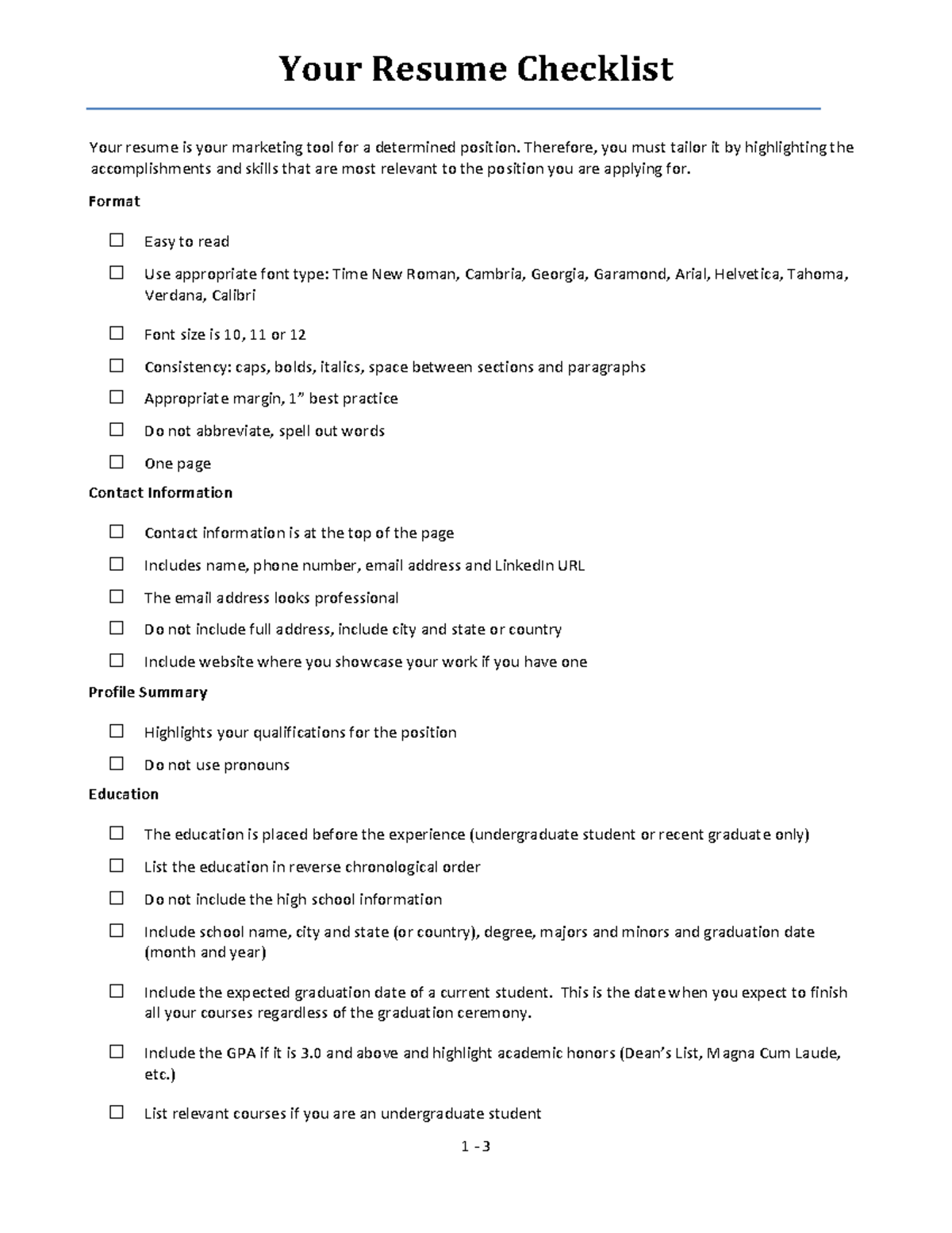 Your Resume Checklist - N A - 1 - 3 Your Resume Checklist Your Resume 