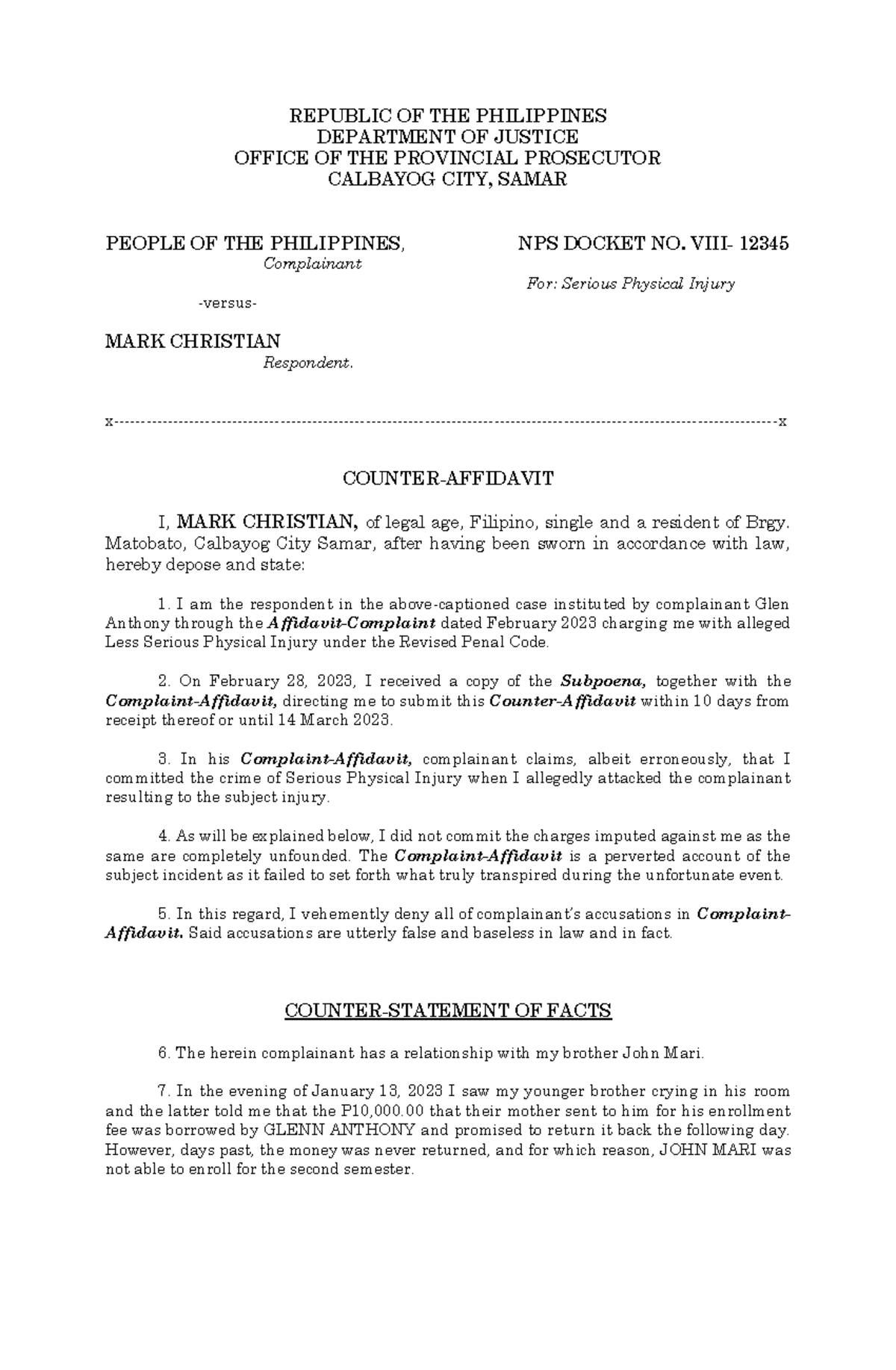 Counter Affidavit Mark Christian - REPUBLIC OF THE PHILIPPINES ...