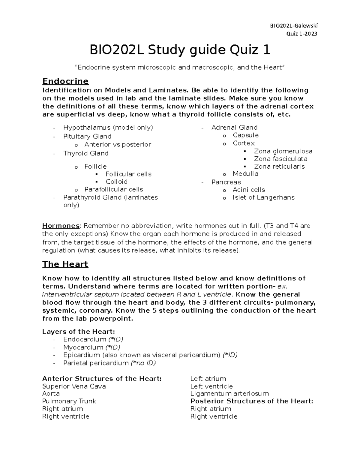 Study Guide Quiz 1 Spr23 - BIO-202L - GCU - Studocu