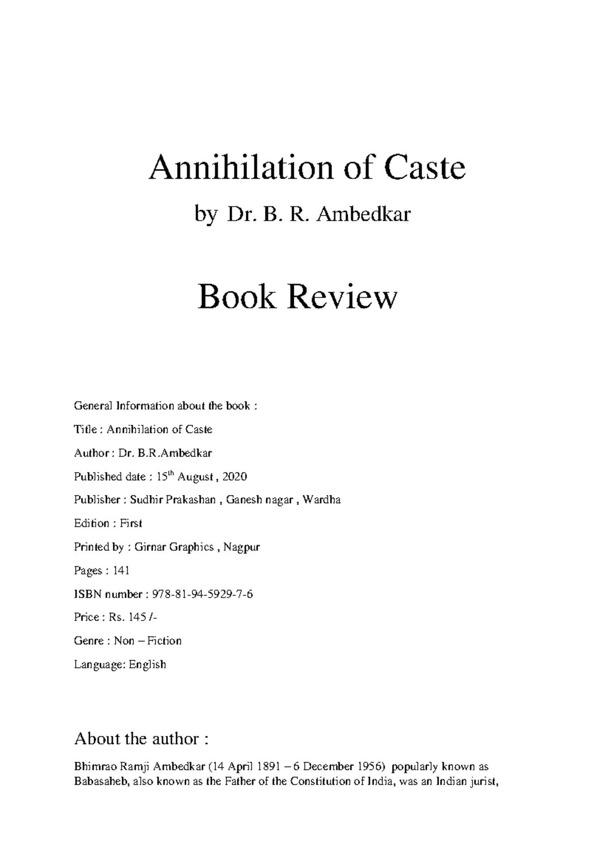 Book review - Annihilation of Caste by Dr. B. R. Ambedkar Book Review ...