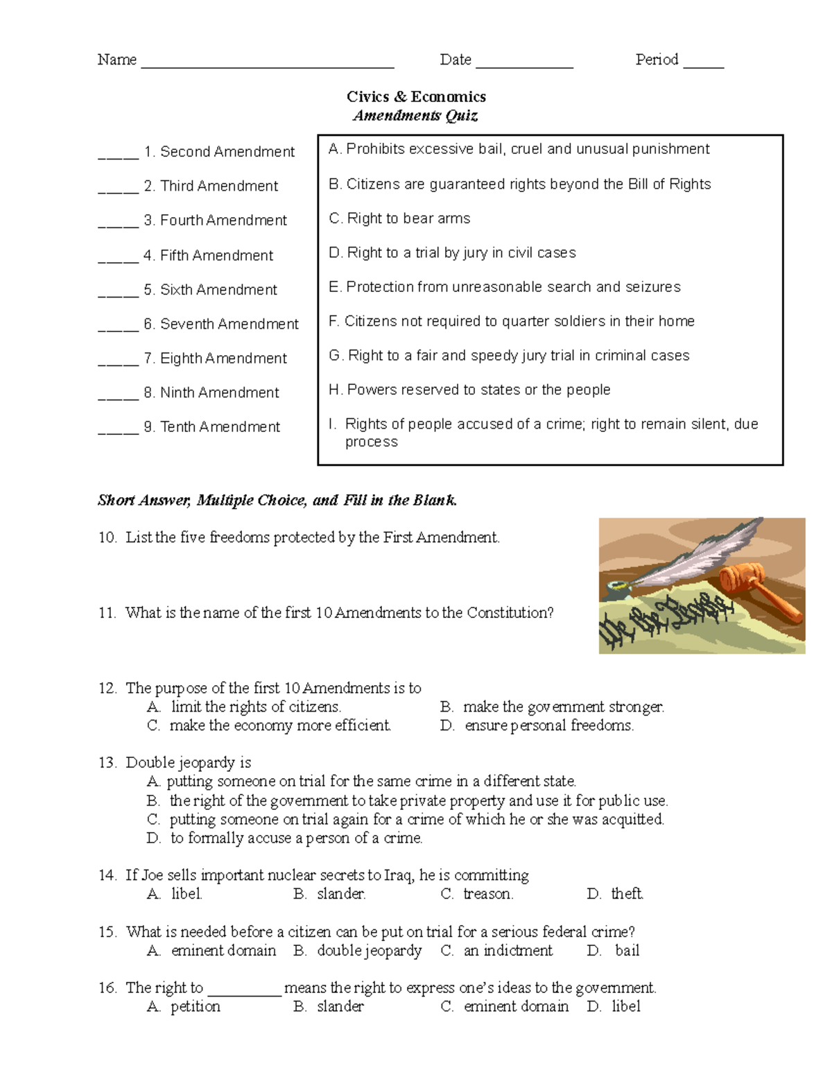 Amendments Quiz - History - Name _______________________________ Date ...