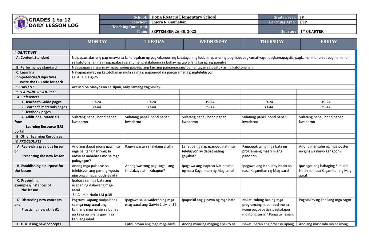 DLL ESP-4 Q1 W6 - lecture - General Education - Studocu