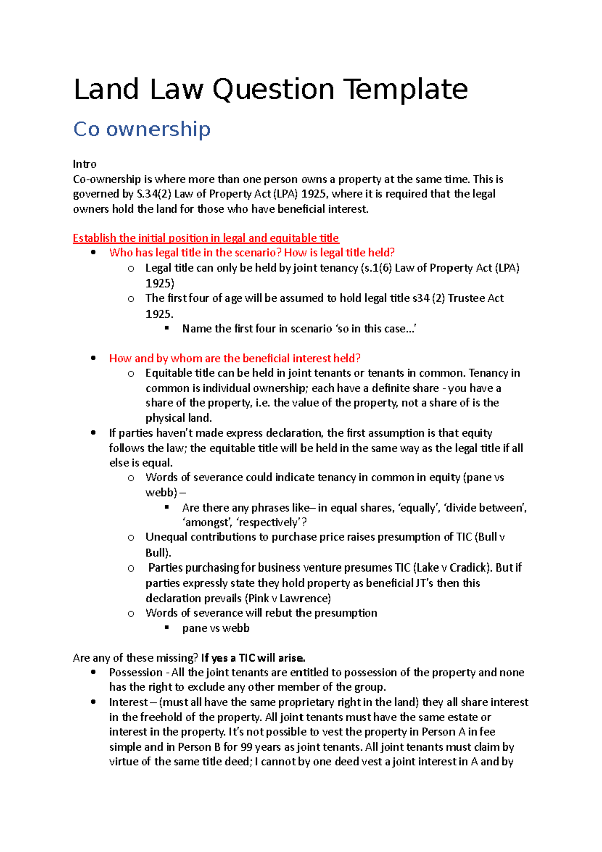 Land Law Question Template This is governed by S(2) Law of Property Act (LPA) 1925, where it