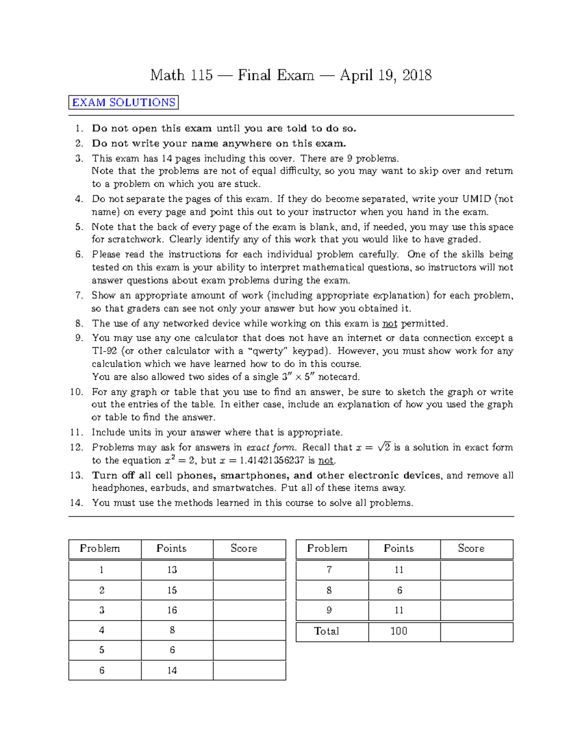 Final Exam W 18SolFinal Exam W 18Sol - Math 115 — Final Exam — April 19 ...