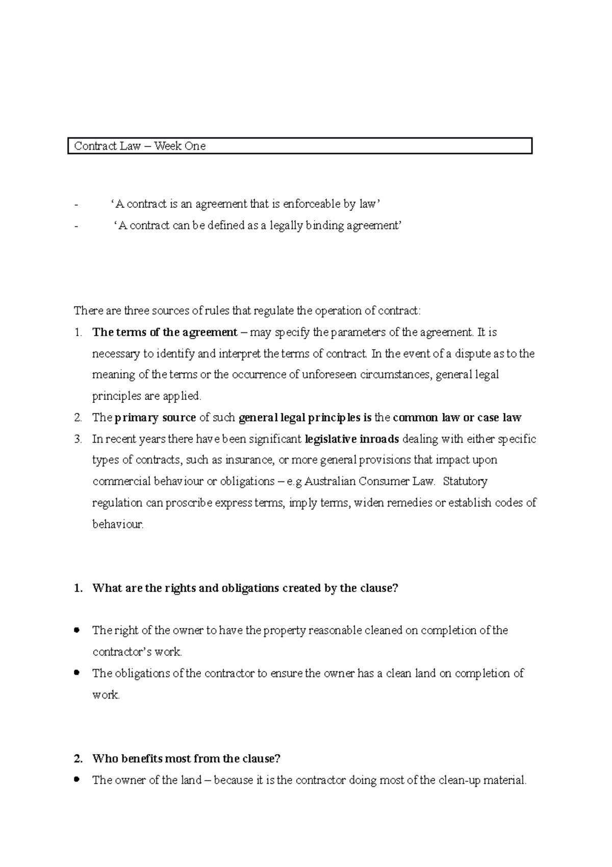 Contract Law - Week 2 - case summary - Contract Law Week One contract ...