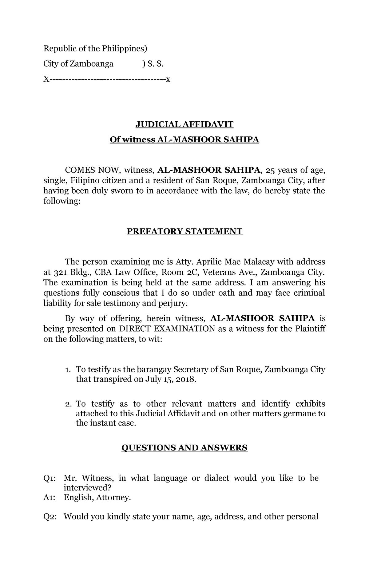 JUDICIAL AFFIDAVIT Republic Of The Philippines City Of Zamboanga S   Thumb 1200 1835 