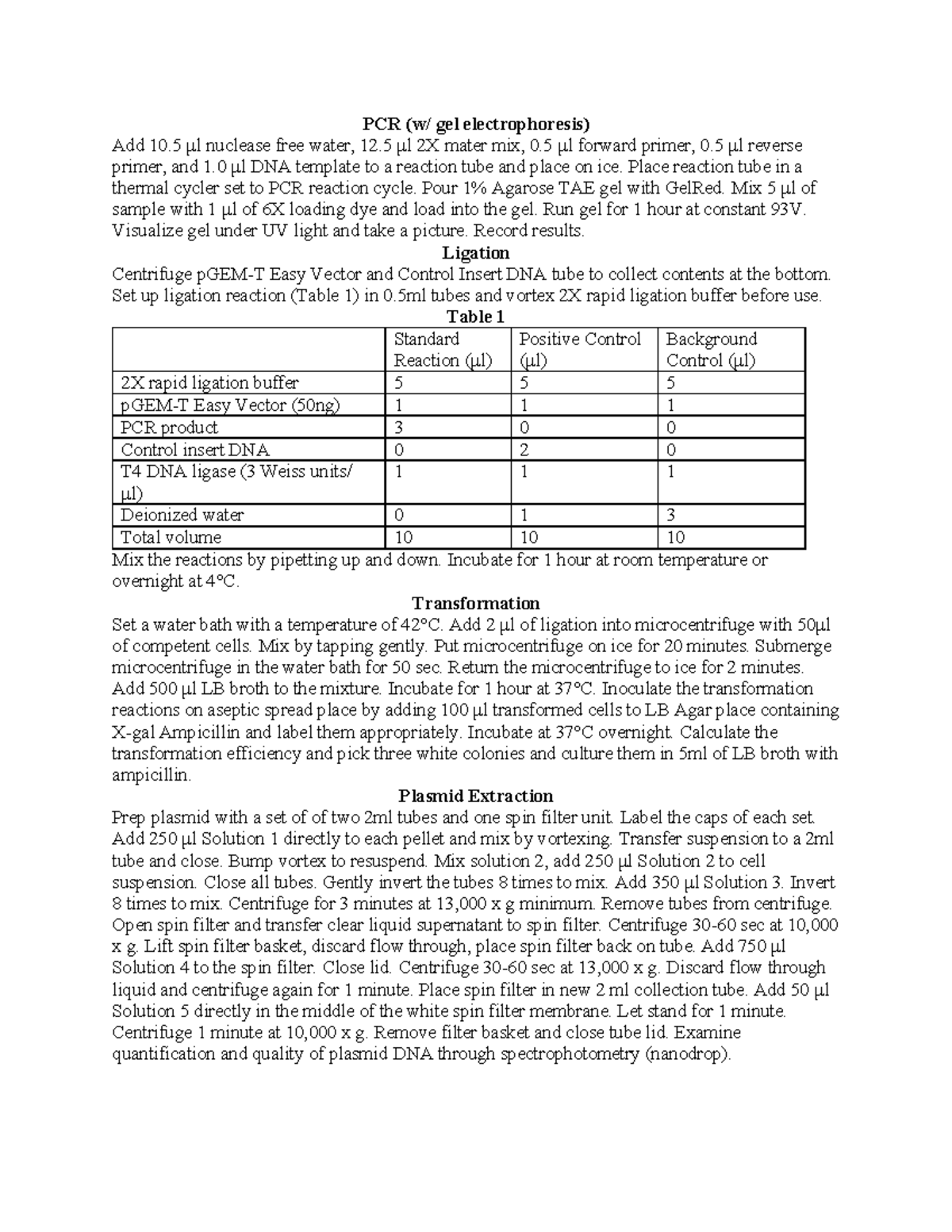 1DNA Lab Report - PCR (w/ gel electrophoresis) Add 10 μl nuclease free ...