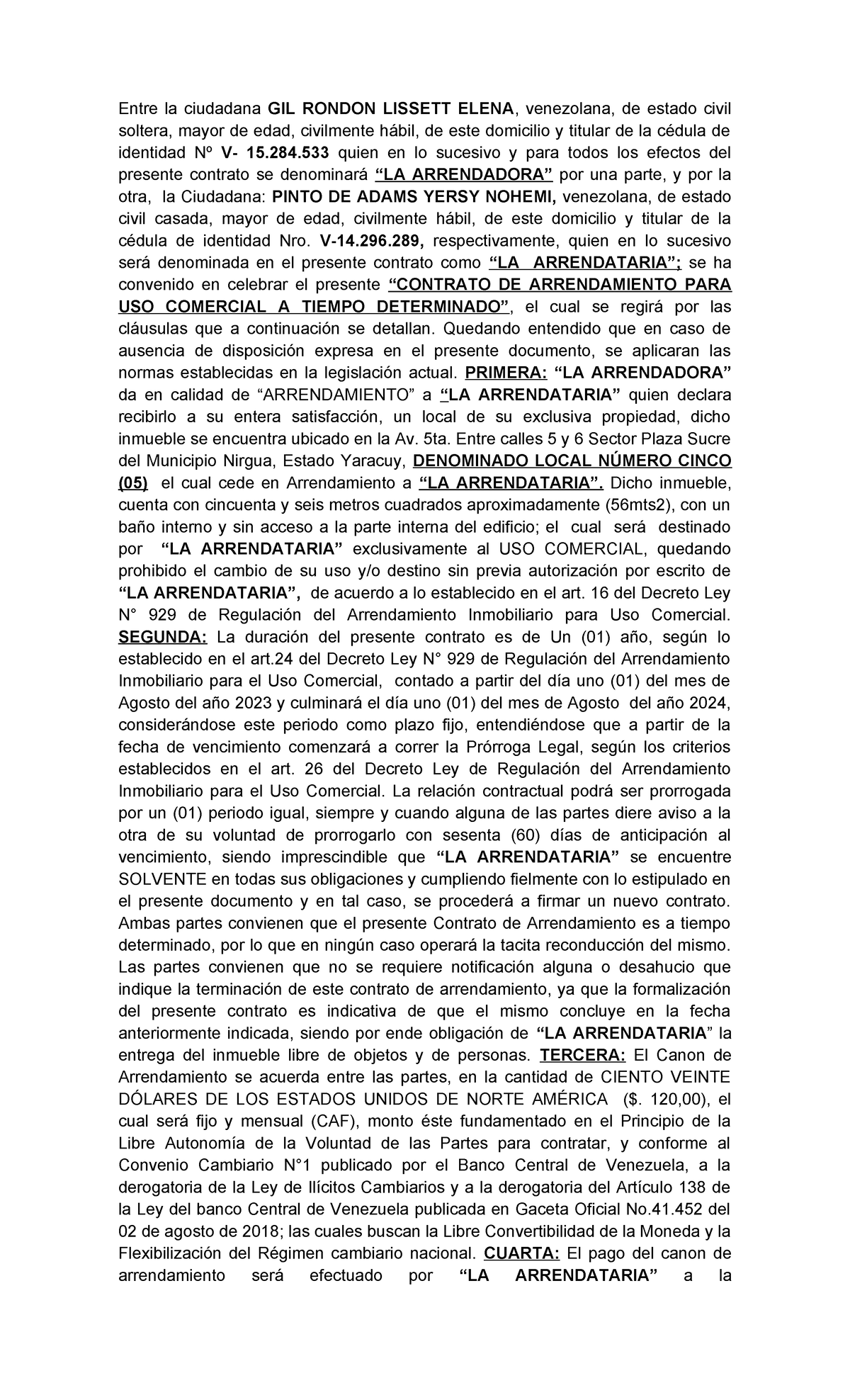Contrato local 5 - contr - Entre la ciudadana GIL RONDON LISSETT ELENA ...