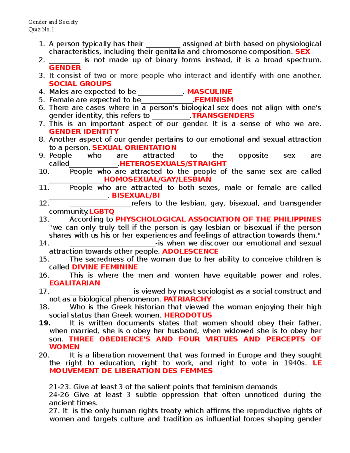 Gender and Society - Gender and Society Quiz No. A person typically has ...