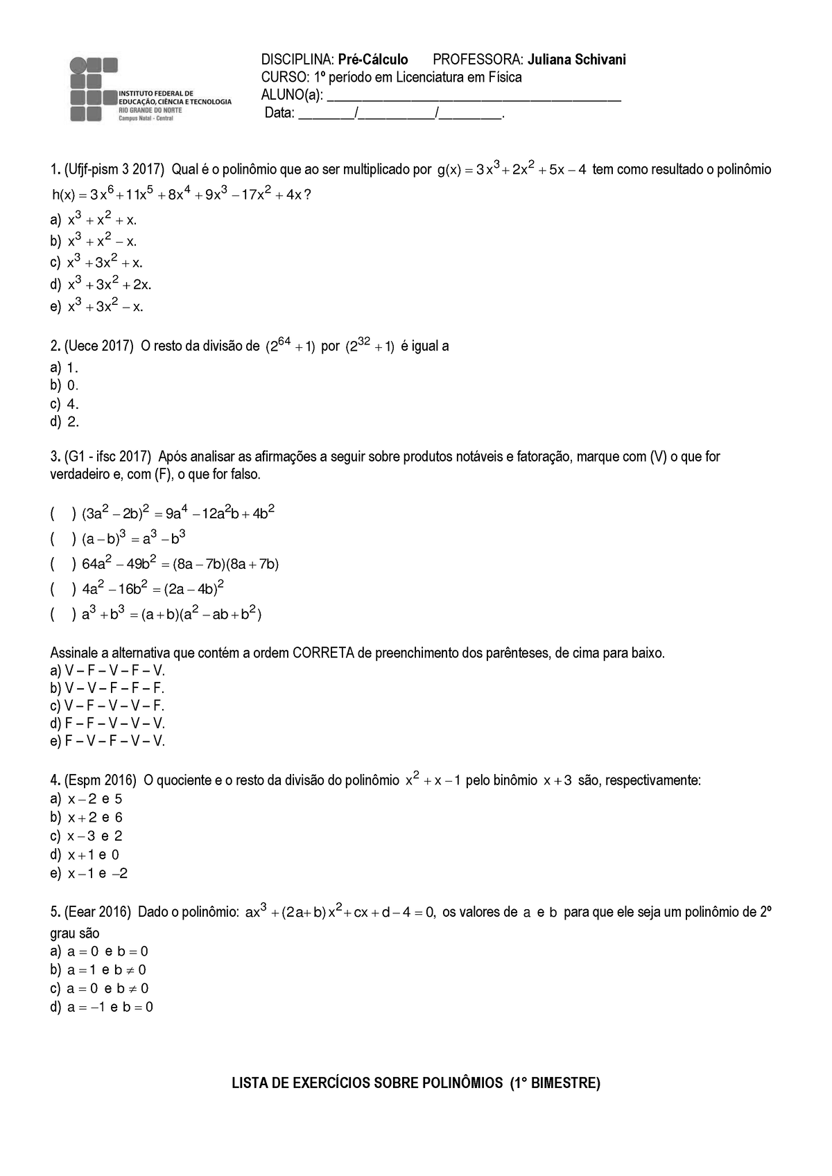 Lista Exercicios 2 Polinomios - LISTA DE EXERCÍCIOS SOBRE POLINÔMIOS (1 ...