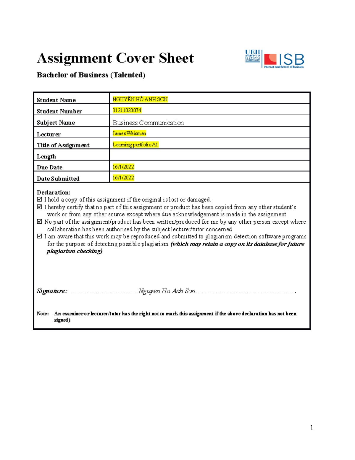 Assignment Cover page of the course. - Assignment Cover Sheet Bachelor ...