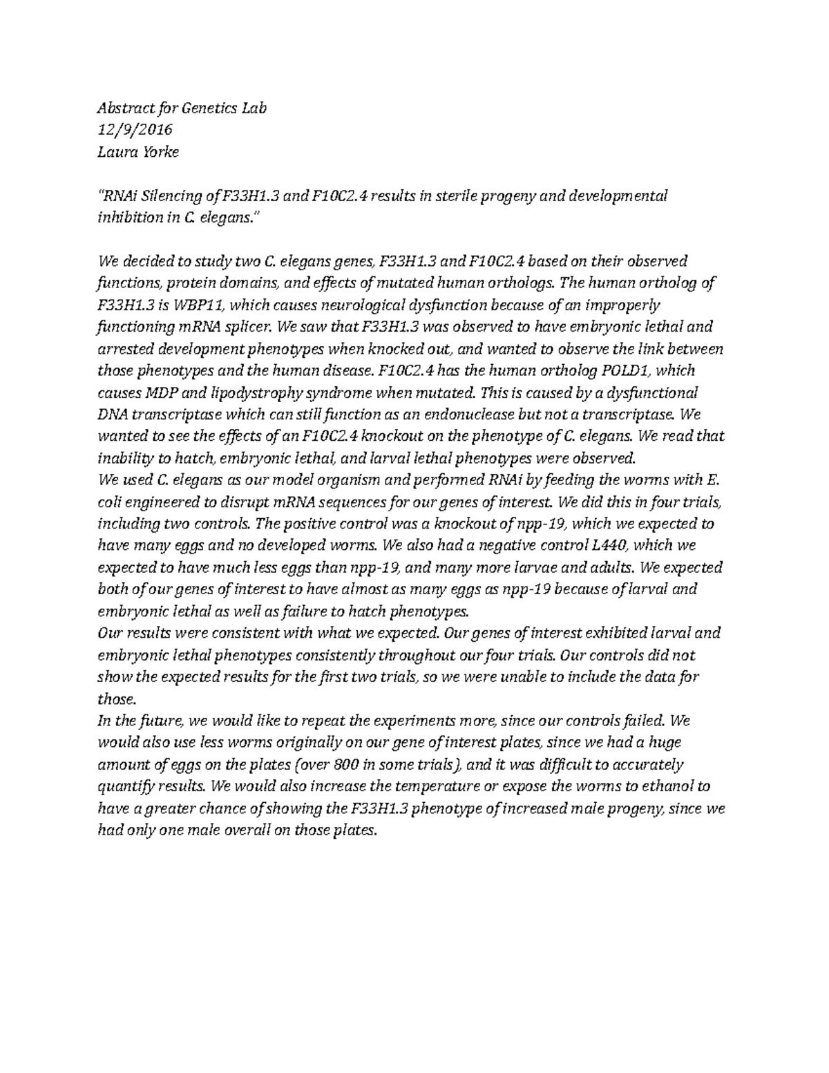 Laura's lab abstract Abstract for Lab 12/9/ Laura