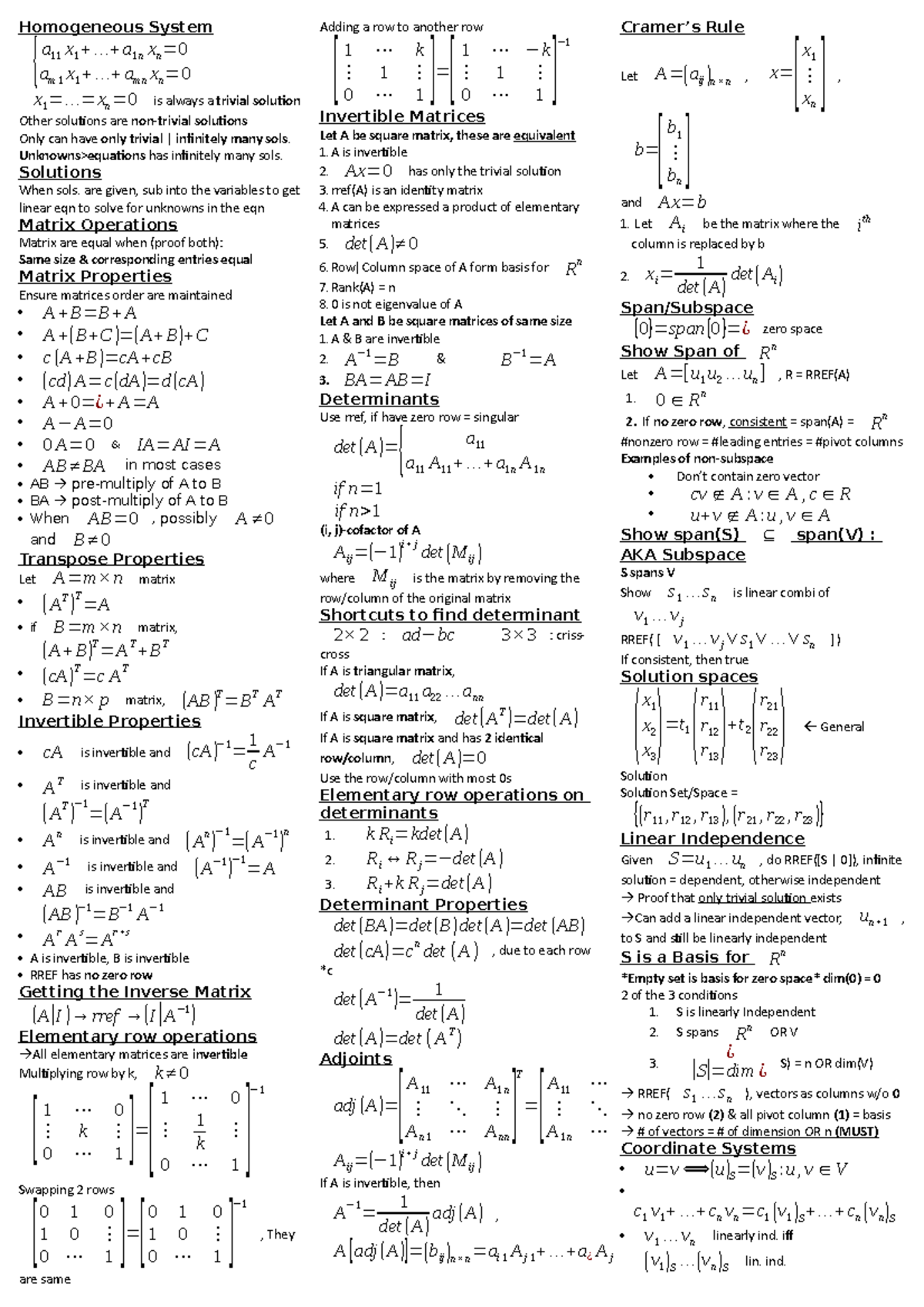 Cheatsheet - Homogeneous System { a 11 x 1 +...+a 1 nxn= 0 am 1 x 1 ...