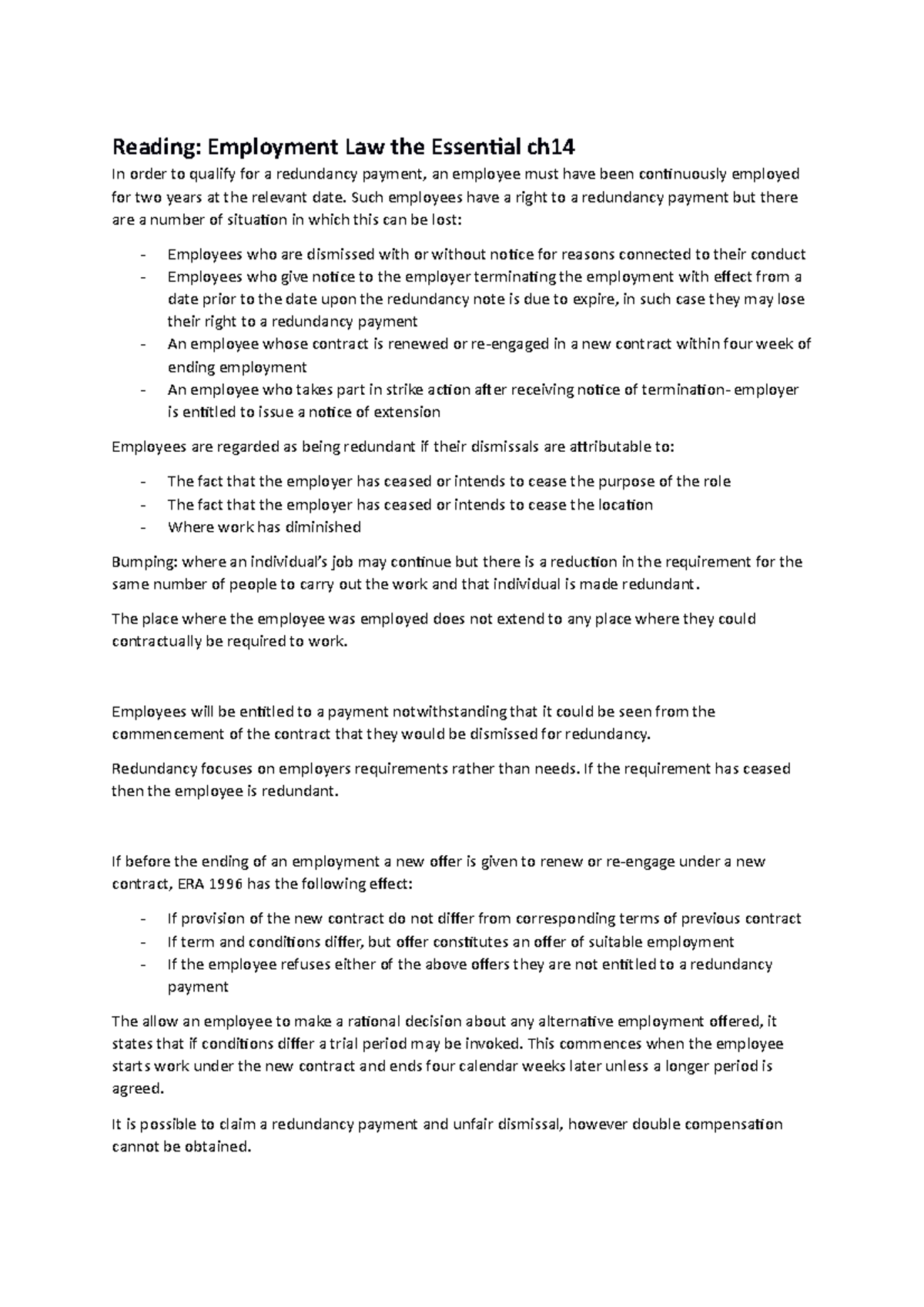 Unfair dismissal - Reading: Employment Law the Essential ch In order to ...