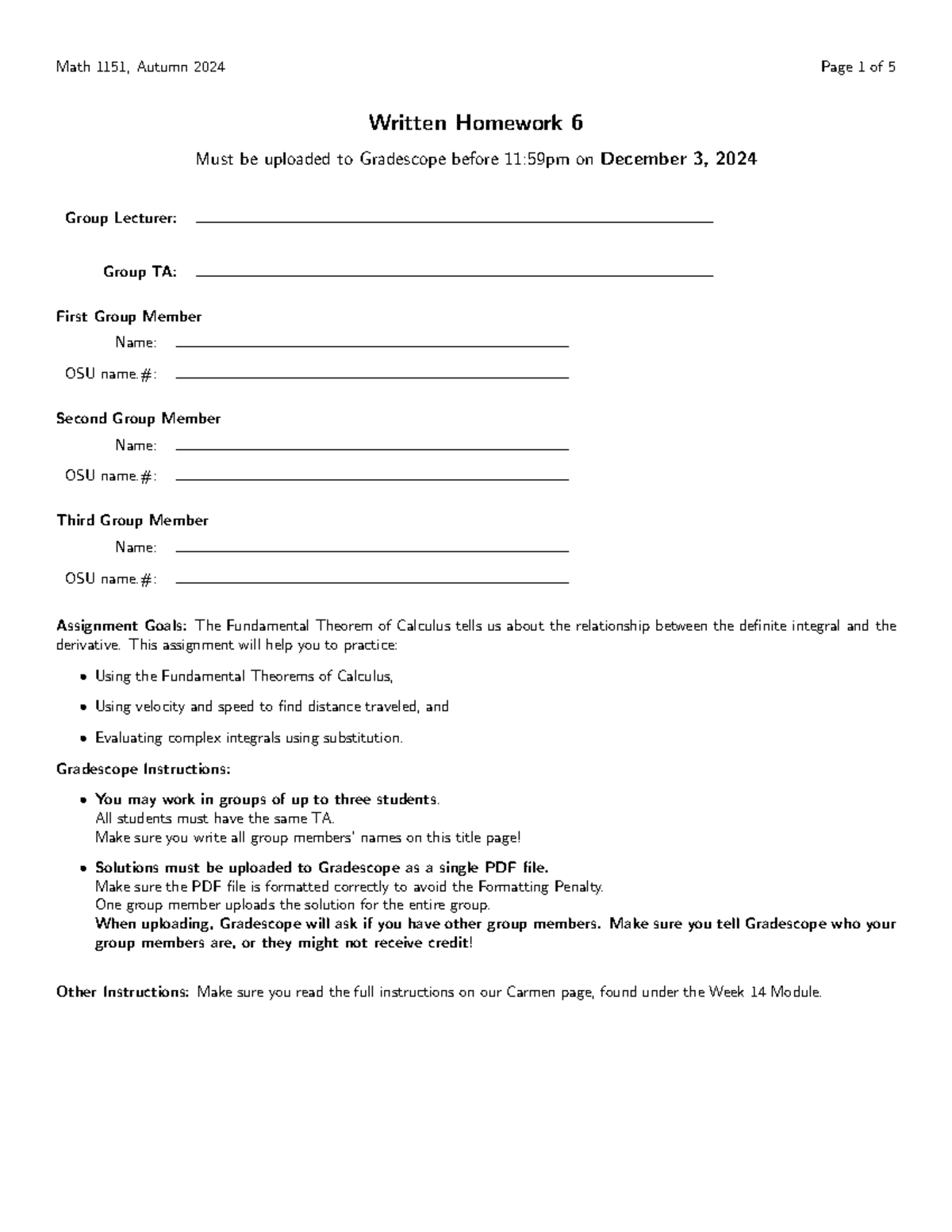 AU24 Math 1151 Written Homework 6 Blank - Math 1151, Autumn 2024 Page 1 ...