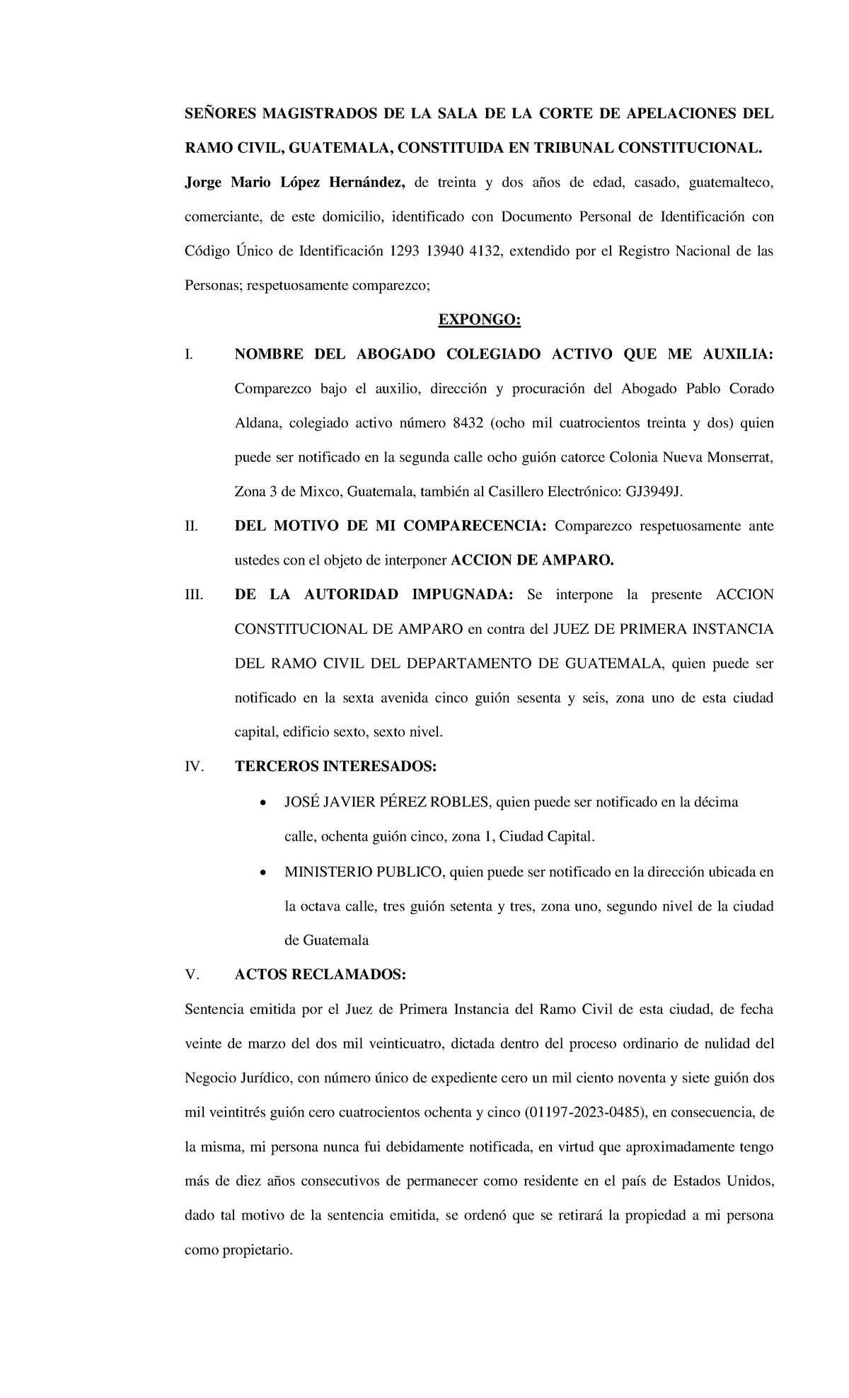 Amparo sentencia - SEÑORES MAGISTRADOS DE LA SALA DE LA CORTE DE ...