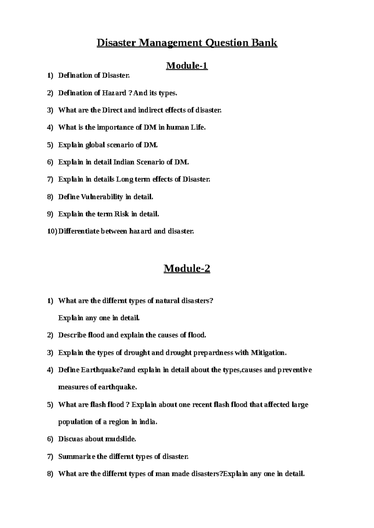 Dm question bank - Disaster Management Question Bank Module- Defination ...
