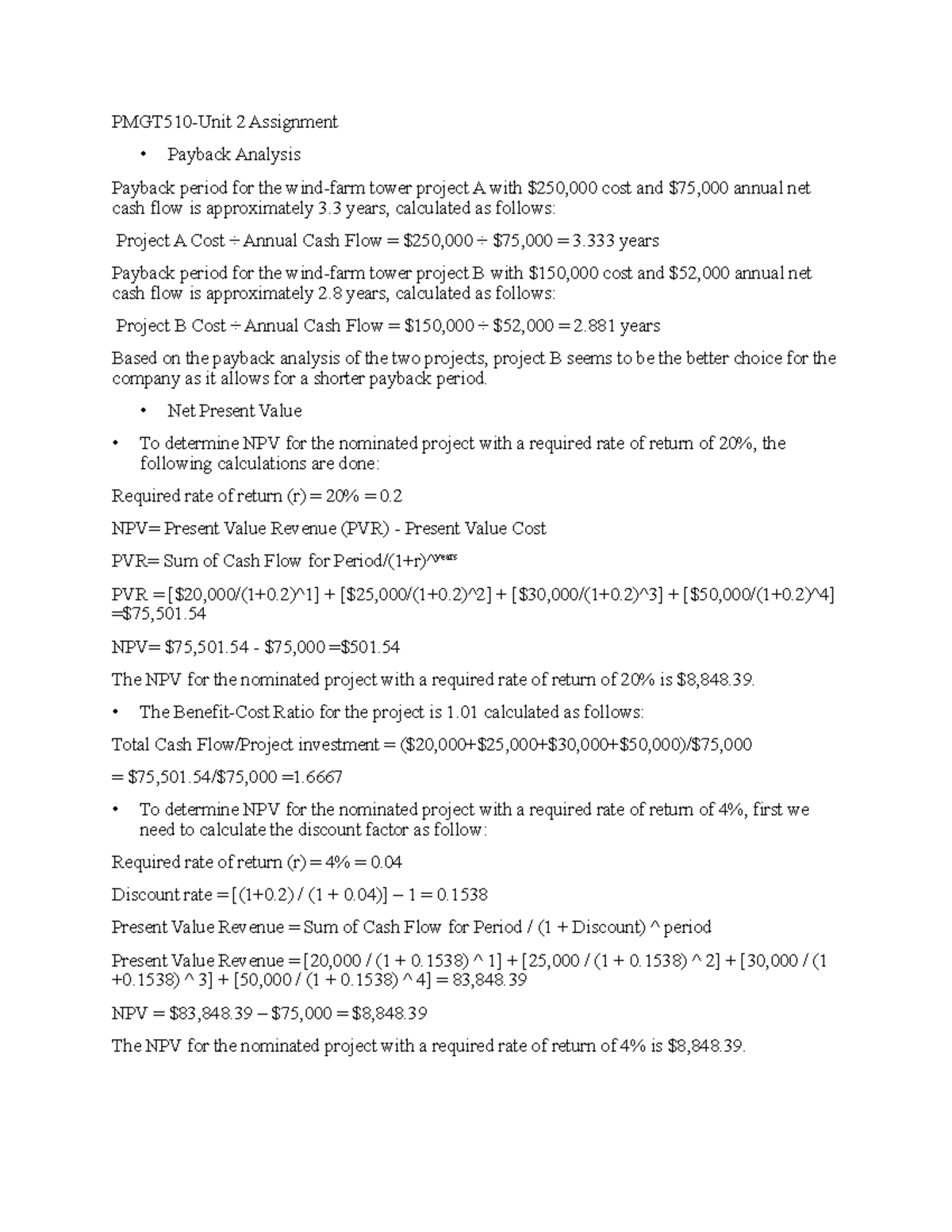 Assignment 2 - Payback Analysis - PMGT510-Unit 2 Assignment - Payback ...