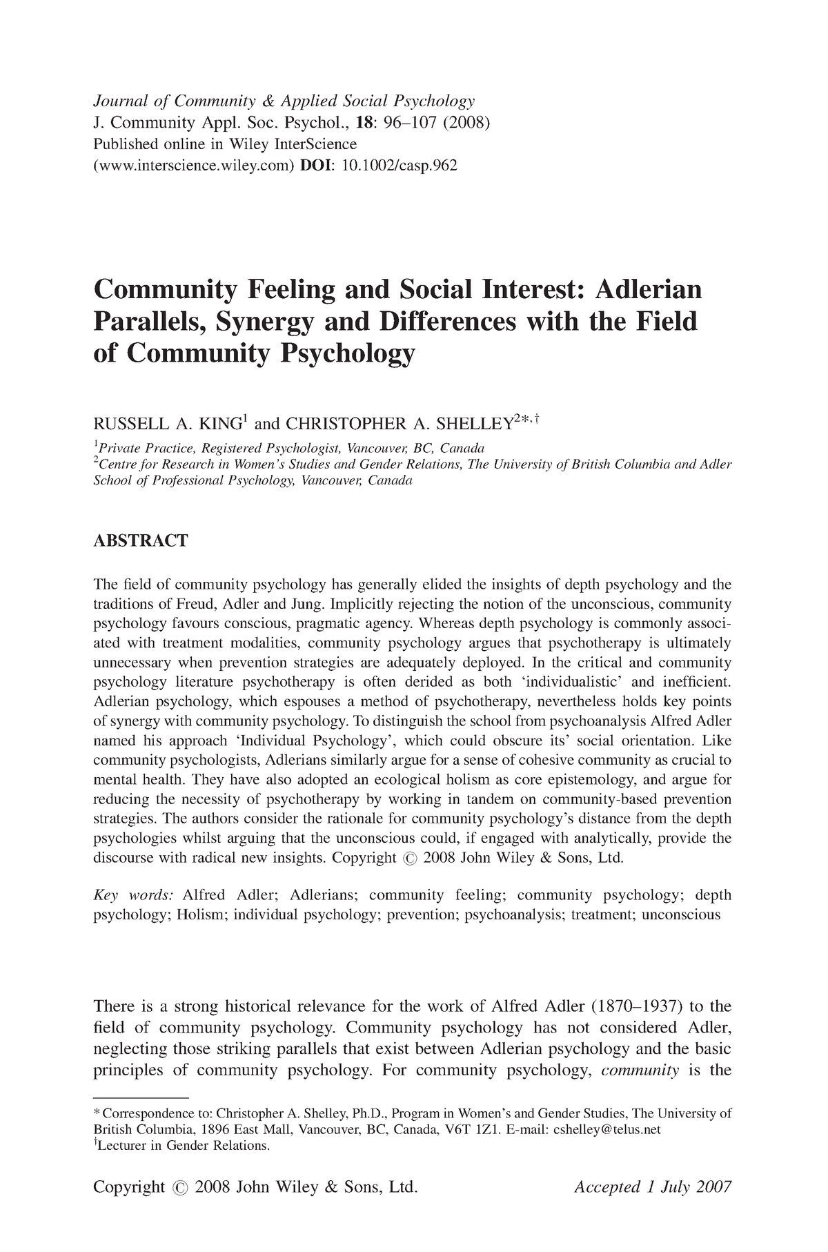 research projects on community psychology