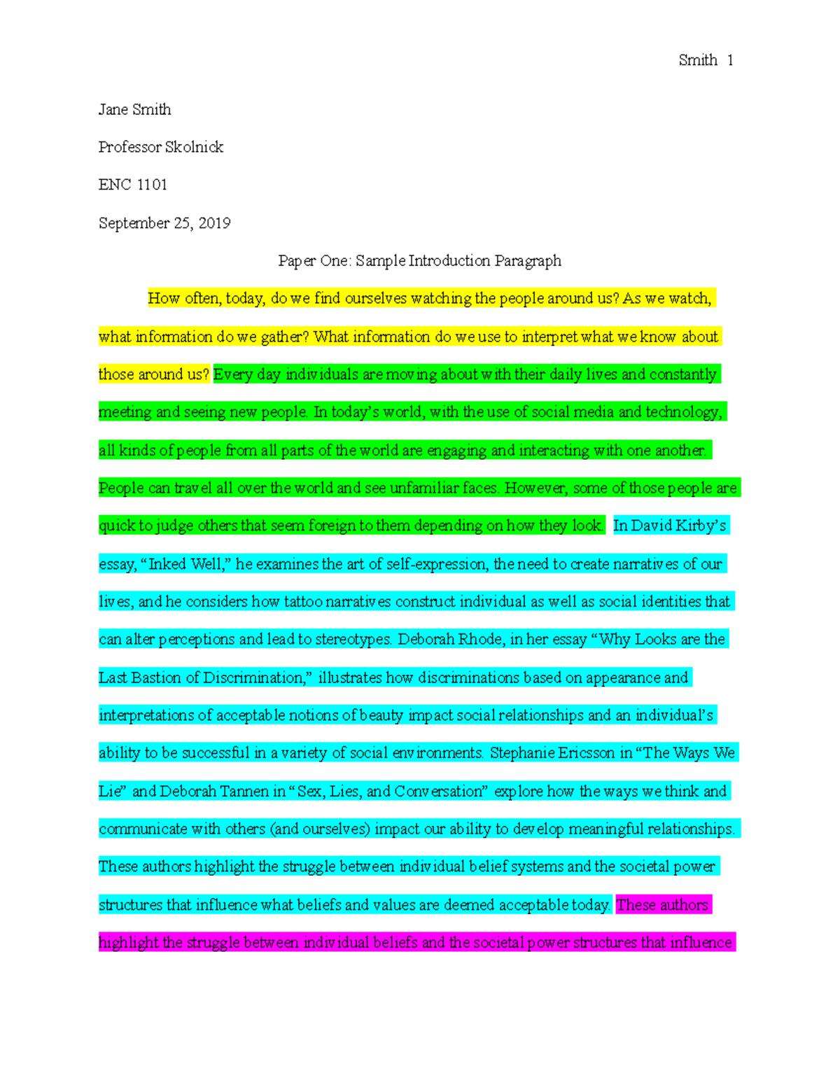 Sample Paper Introduction paragraph ENC1101 color coded using multiple ...