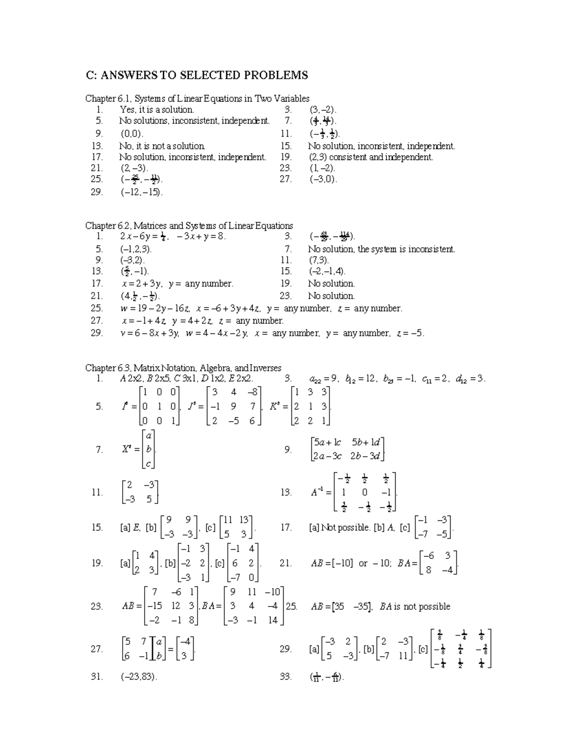 Solutions Ch 6 - C: ANSWERS TO SELECTED PROBLEMS Chapter 6, Systems Of ...