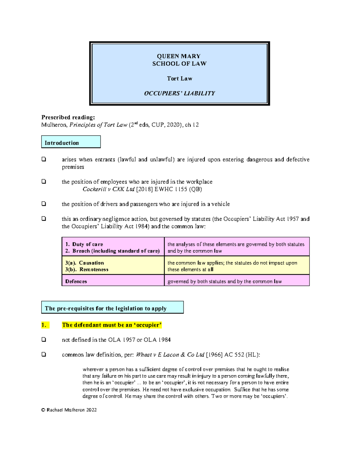Occupiers liability schema - QUEEN MARY SCHOOL OF LAW Tort Law ...