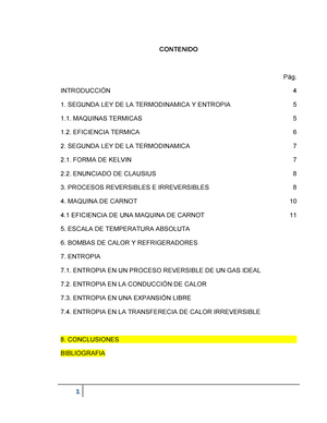 Segunda LEY DE LA Termodinamica - CONTENIDO Pág. INTRODUCCIÓN 4 SEGUNDA LEY  DE LA TERMODINAMICA Y - Studocu