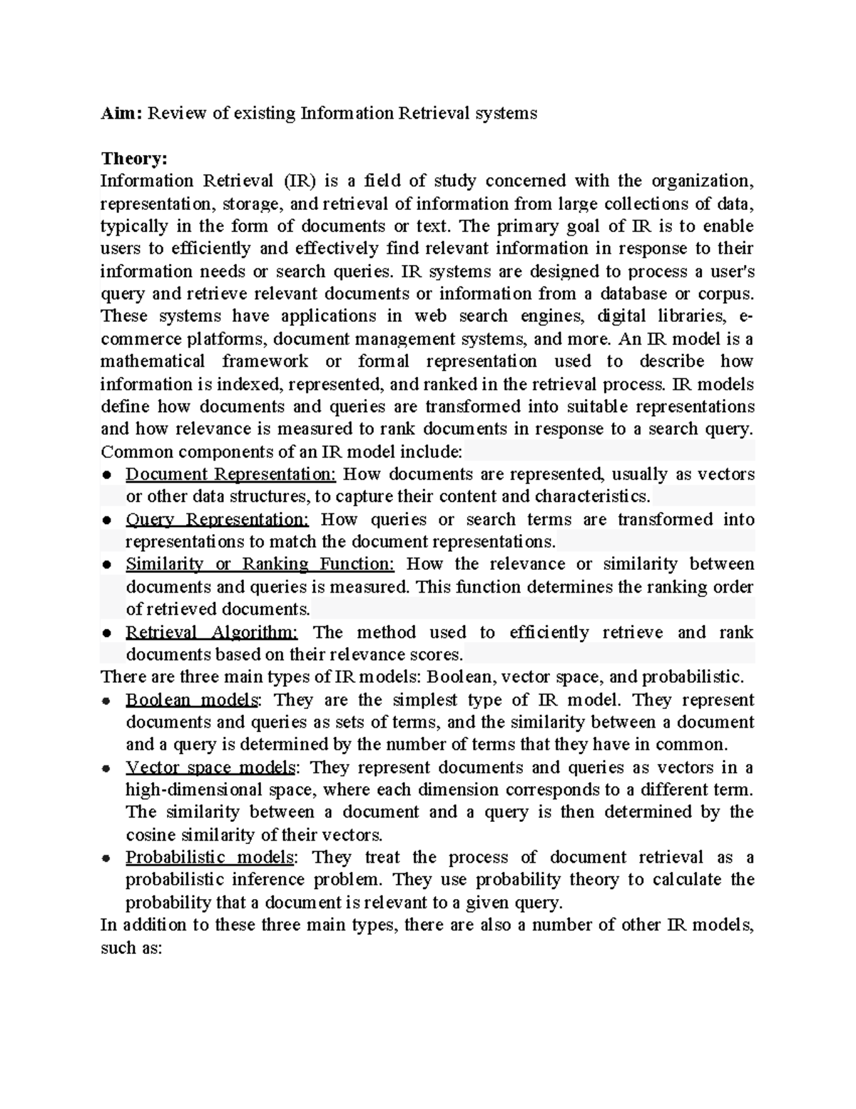 IR 1 - IR NOTES 1 - Aim: Review of existing Information Retrieval ...