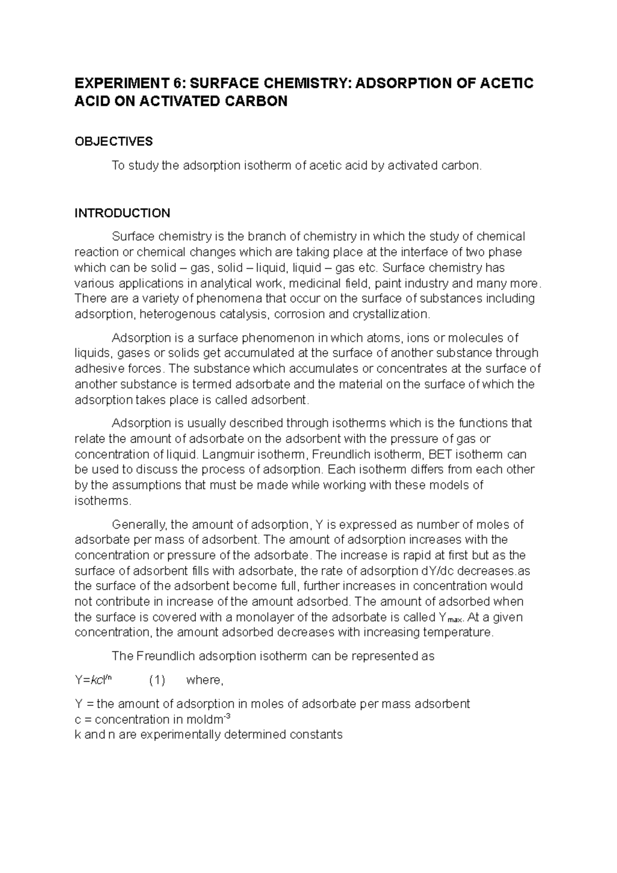 Experiment 6 CHM432 EXPERIMENT 6 SURFACE CHEMISTRY ADSORPTION OF ACETIC ACID ON ACTIVATED