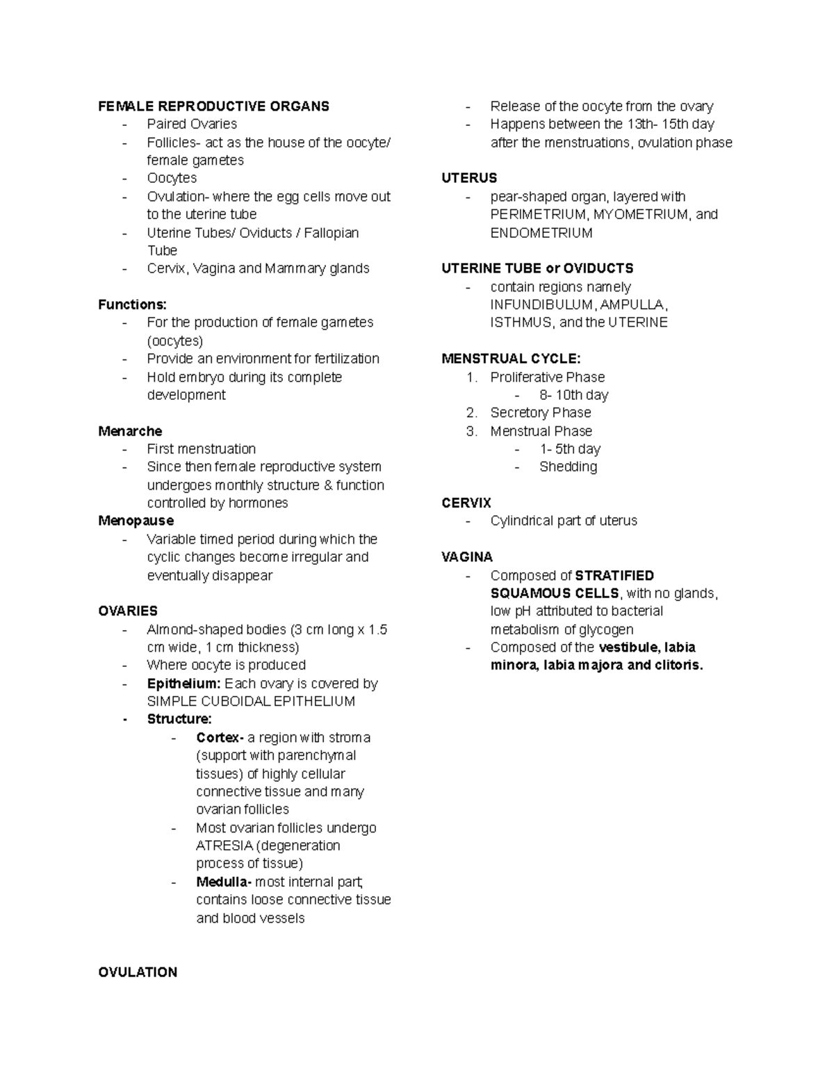 Reproductive System- Lecture Notes - FEMALE REPRODUCTIVE ORGANS Paired ...