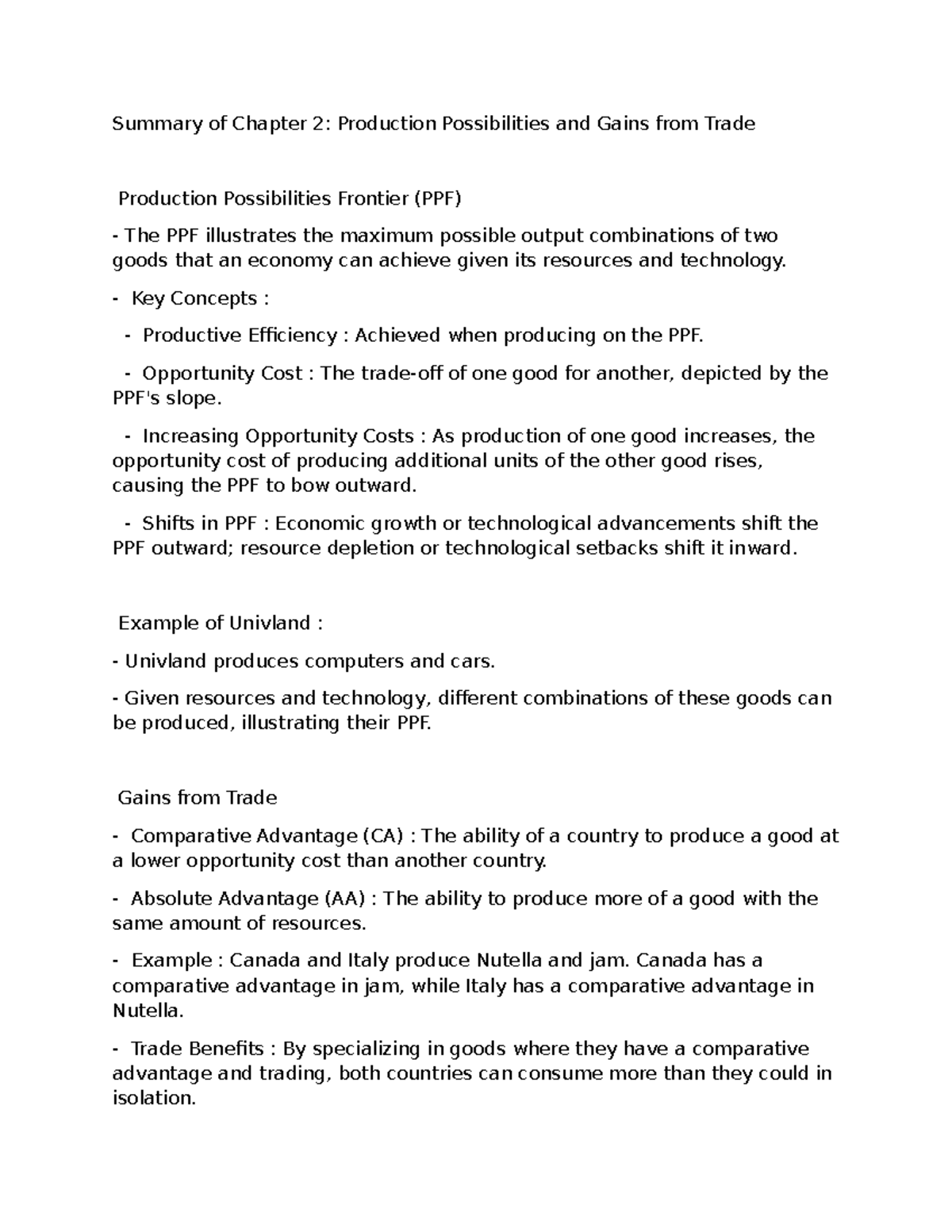 Summary of Chapter 2 - Key Concepts : Productive Efficiency : Achieved ...